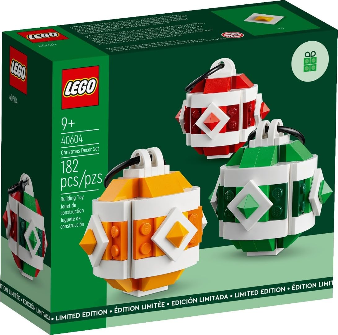 LEGO Christmas Decoration Set 40604 GWP - Craft 3 Colorful Ornaments (182 Pieces) | Holiday Home Decor, Tree Topper & Festive Gift Idea