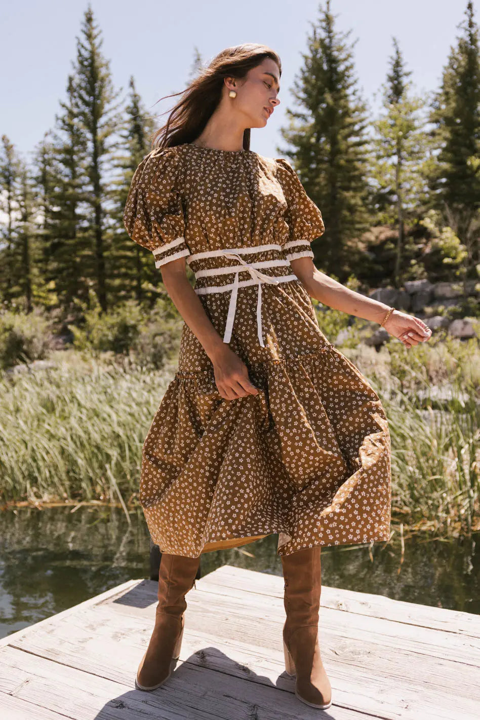 Kendra Ditsy Floral Midi Dress - Brown | Women's Casual Summer Dress for Beach, Wedding & Date Night | FINAL SALE