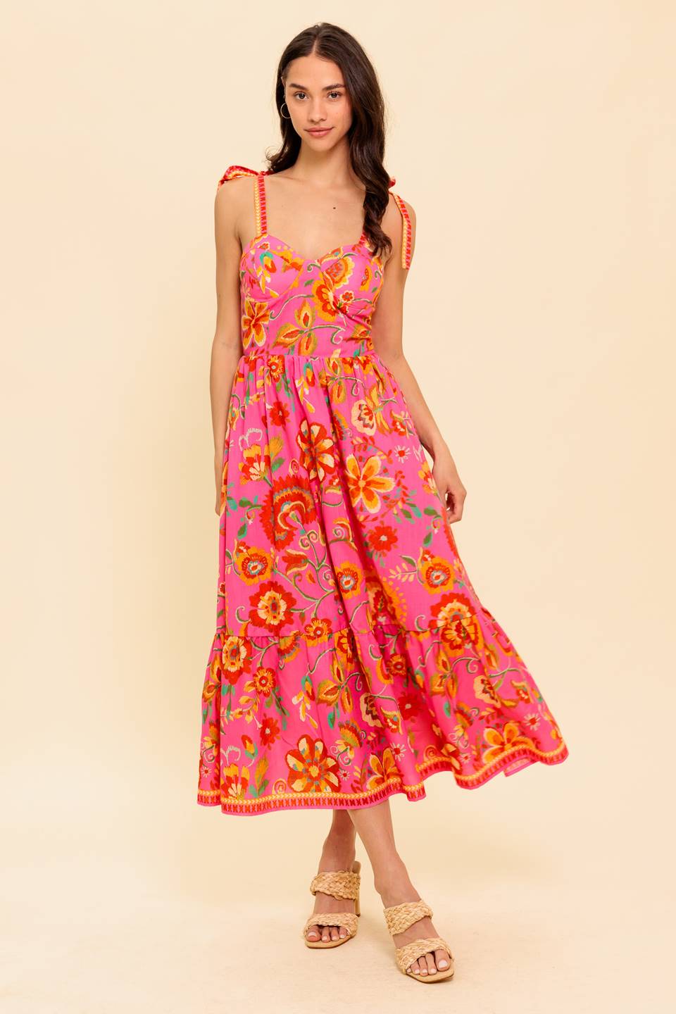 Garden Gathering Bustier Midi Dress in Pink Multi - Perfect for Summer Parties, Weddings, and Outdoor Events