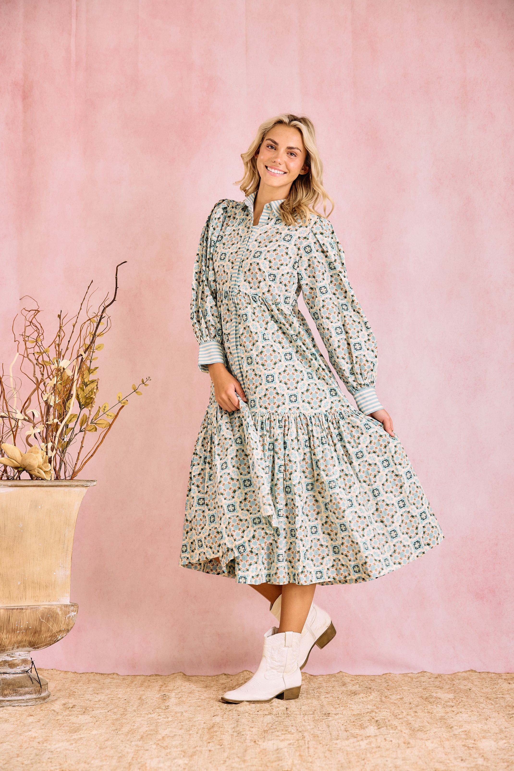 Laura Long Sleeve Quatrefoil Print Dress in Blue & Ivory - Elegant Office Wear & Casual Party Outfit