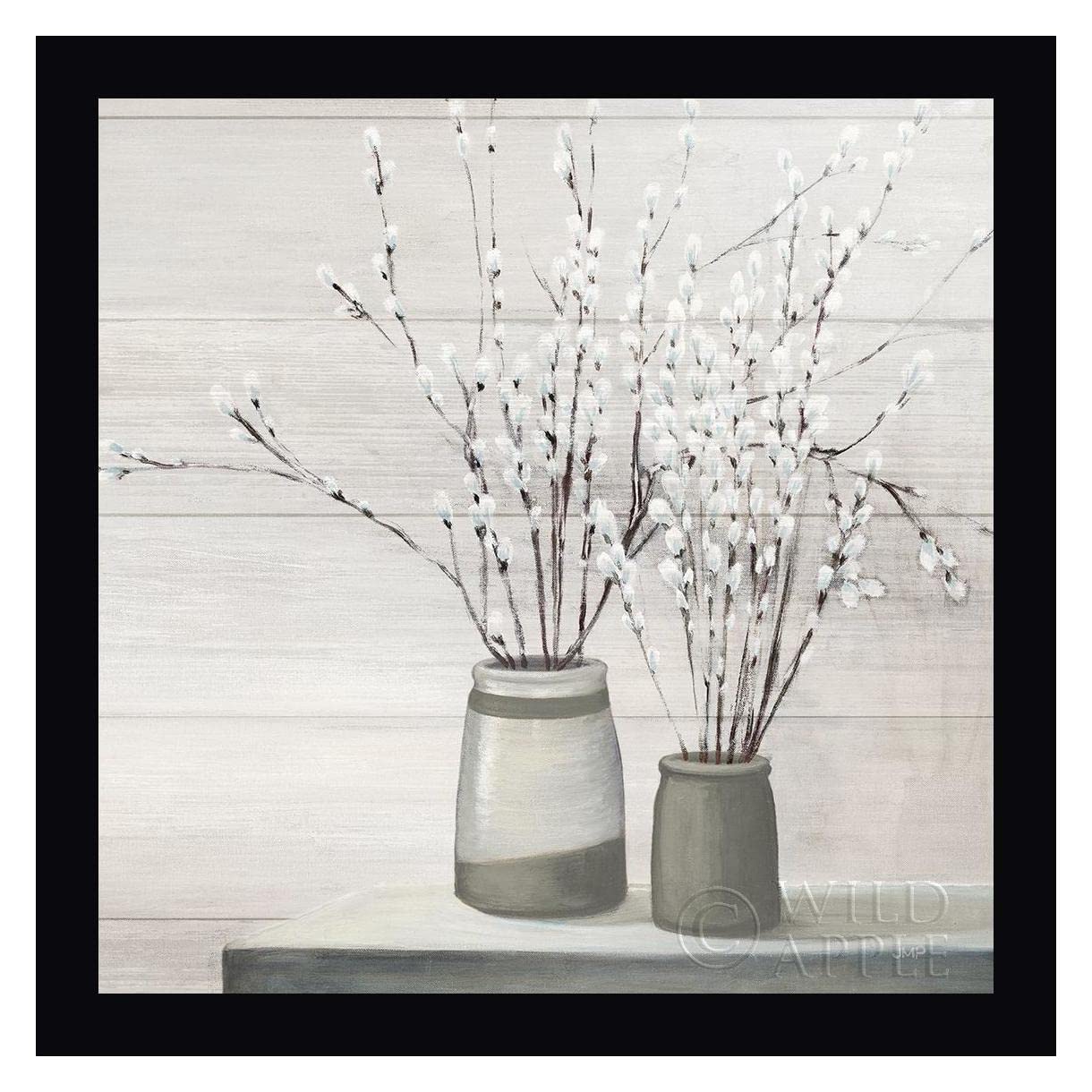 Julia Purinton Pussy Willow Still Life Gray Pots Shiplap Framed Canvas Art Print - 24x24 Inches - Black Frame - Ready to Hang - Perfect for Farmhouse, Rustic, or Modern Home Decor