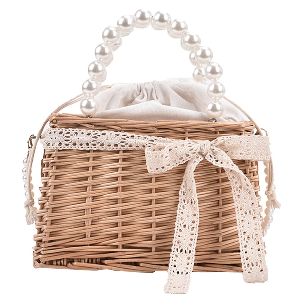Stylish Rattan Woven Crossbody Bag for Women - Pearl Chain Accent Summer Shoulder Purse with Drawstring & Top Handle (One Size) - Perfect for Beach Outings, Picnics, and Casual Day Trips