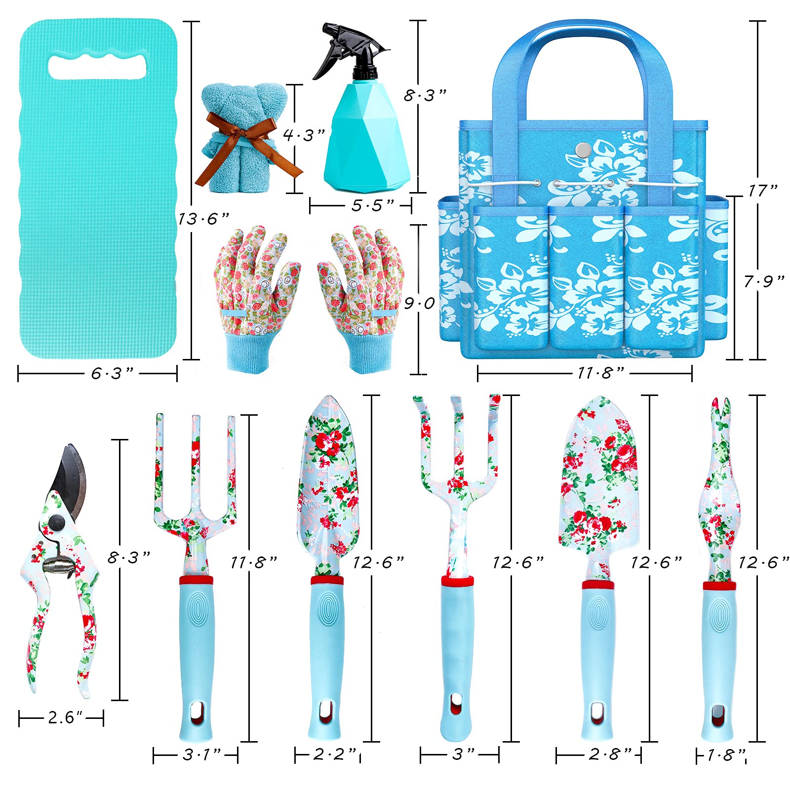 Premium 11-Piece Heavy Duty Floral Garden Tools Set - Includes Hand Trowel, Rake, Weeder, Pruner & Sprayer - Complete Gardening Kit with Storage Tote Bag & Gloves - Perfect Gift for Women Gardeners - Ideal for Planting, Weeding, Pruning & Outdoor Gardening Activities