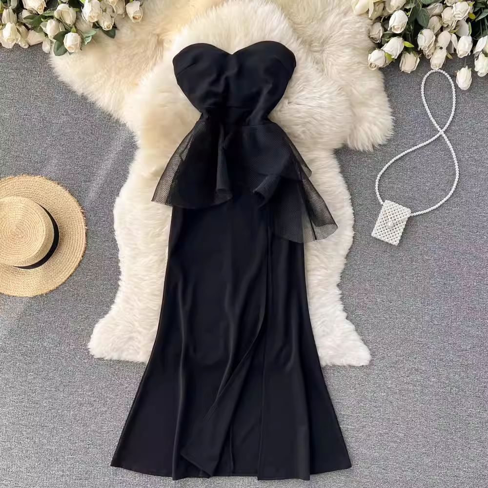 Elegant Black Tube Top Evening Dress with High Slit - Sheath Long Skirt for Women | Perfect for Cocktail Parties, Prom, and Formal Events