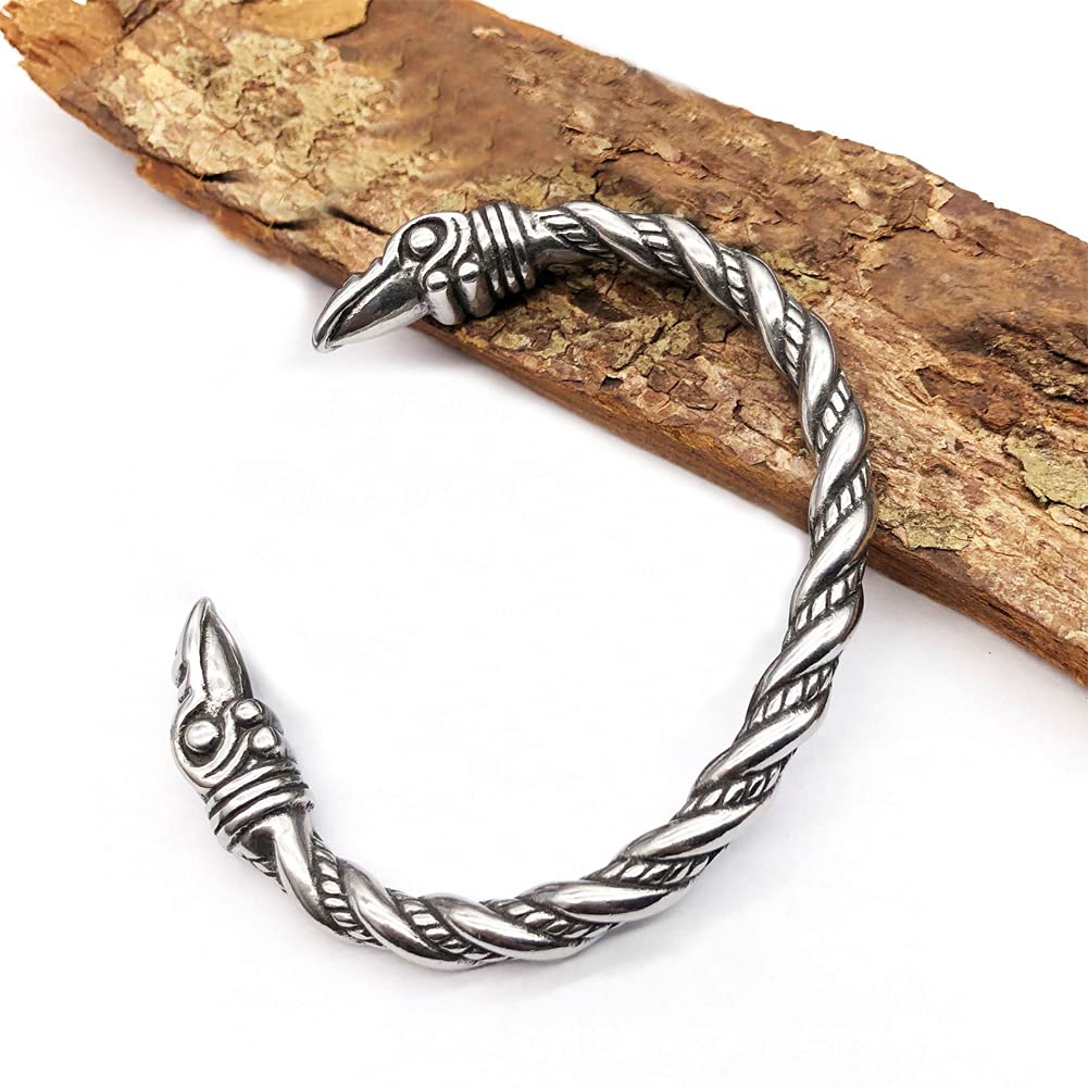 Viking Bracelet for Men - Adjustable Stainless Steel Norse Arm Ring with Raven Heads - Scandinavian Bangle Jewelry - Perfect for Viking Cosplay, Medieval Reenactments & Norse Fashion