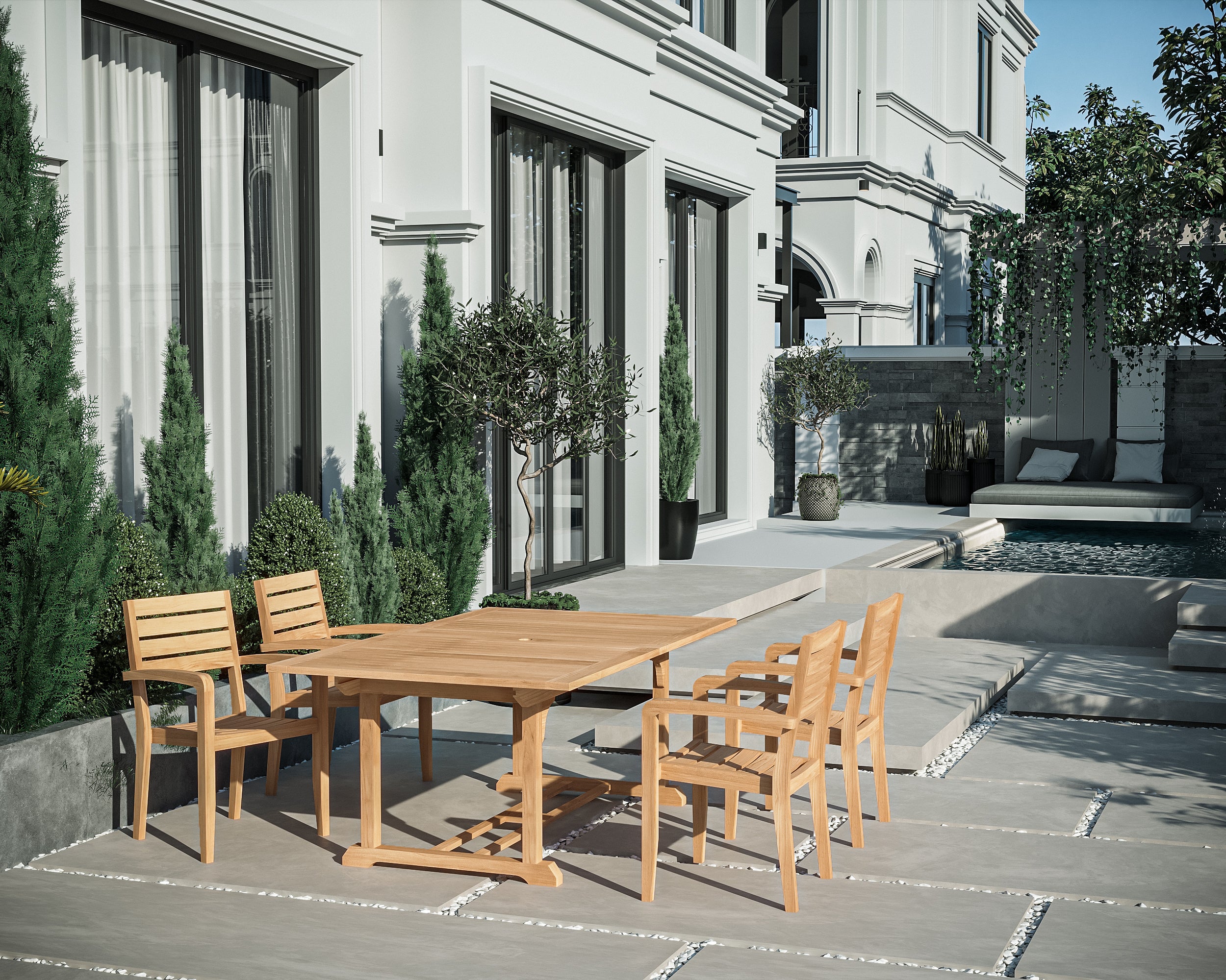 Louvel 5-Piece Rectangular Teak Outdoor Dining Set with Extendable Table & Stacking Armchairs – Perfect for Patio, Garden, Poolside & Backyard Entertaining