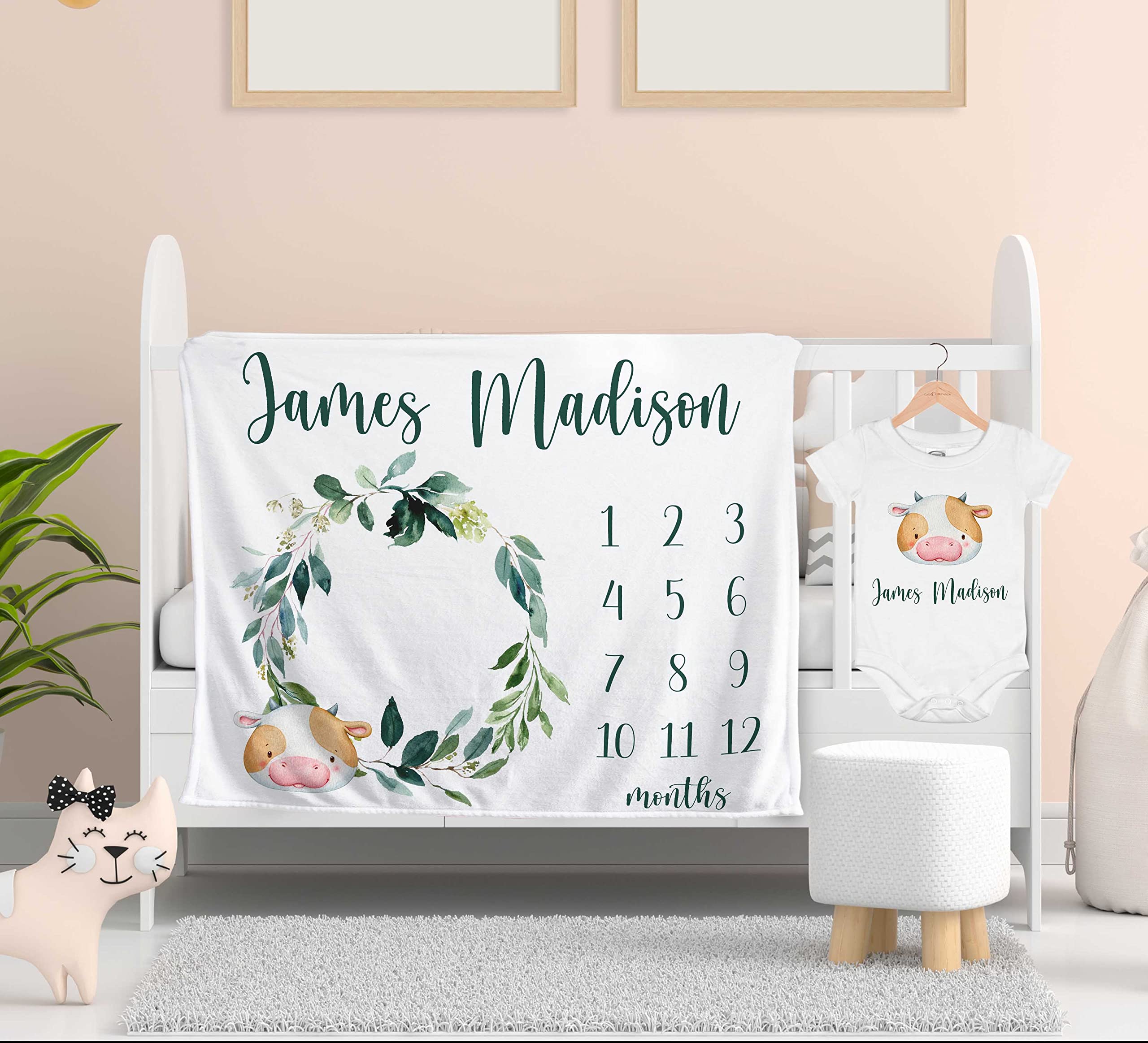 Personalized Baby Milestone Blanket with Safari Jungle Animals - Custom Name & Month Blanket for Baby Boy - Unique Newborn Gift for Baby Shower, Nursery Decor & Photo Props