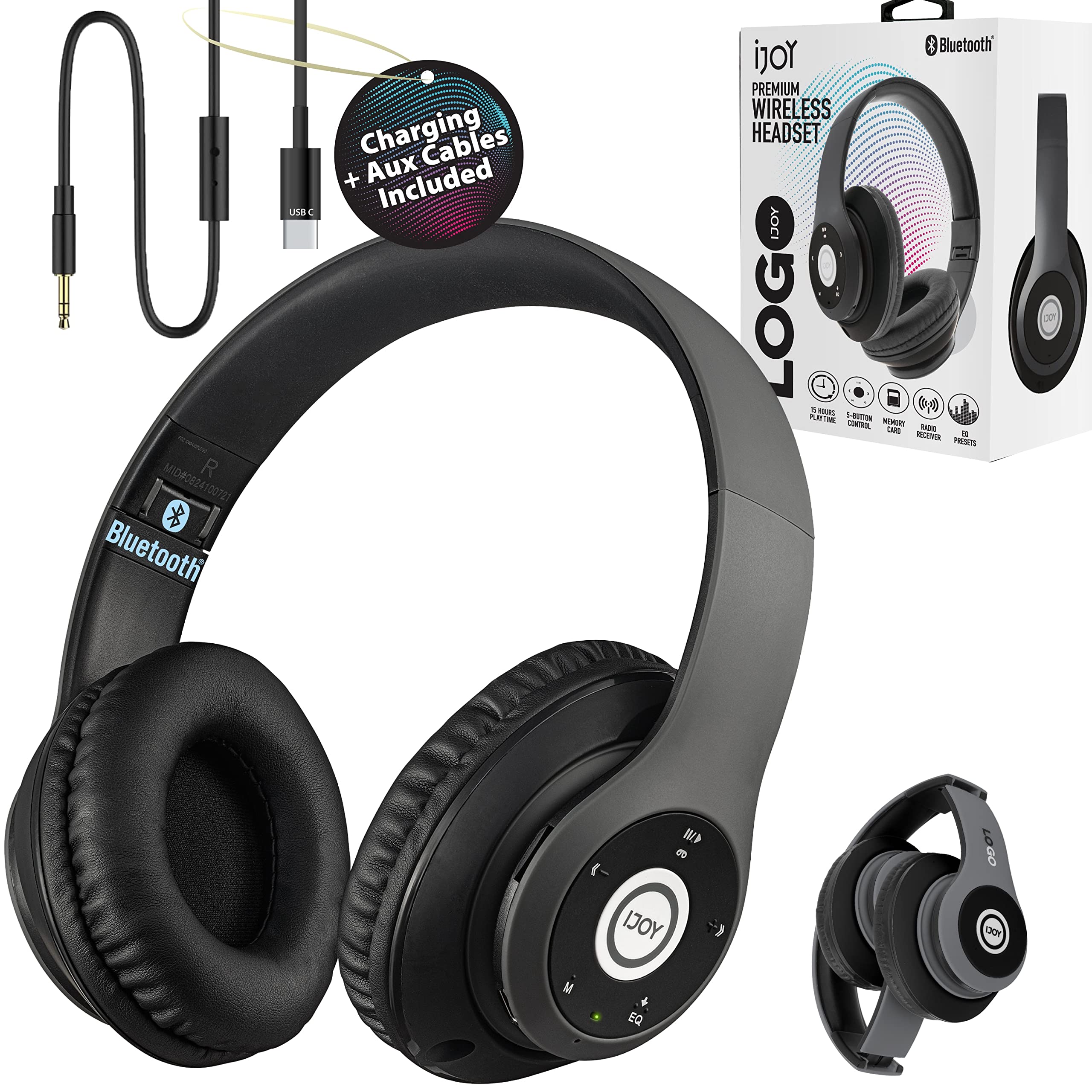 iJoy Bluetooth Headphones Over Ear - Wireless & Wired Foldable Headset with Built-in Microphone, Noise Cancelling (Stealth Black) - Comfortable for Adults, Kids, Men & Women - Perfect for Work, Travel & Gaming - Audifonos Inalambricos