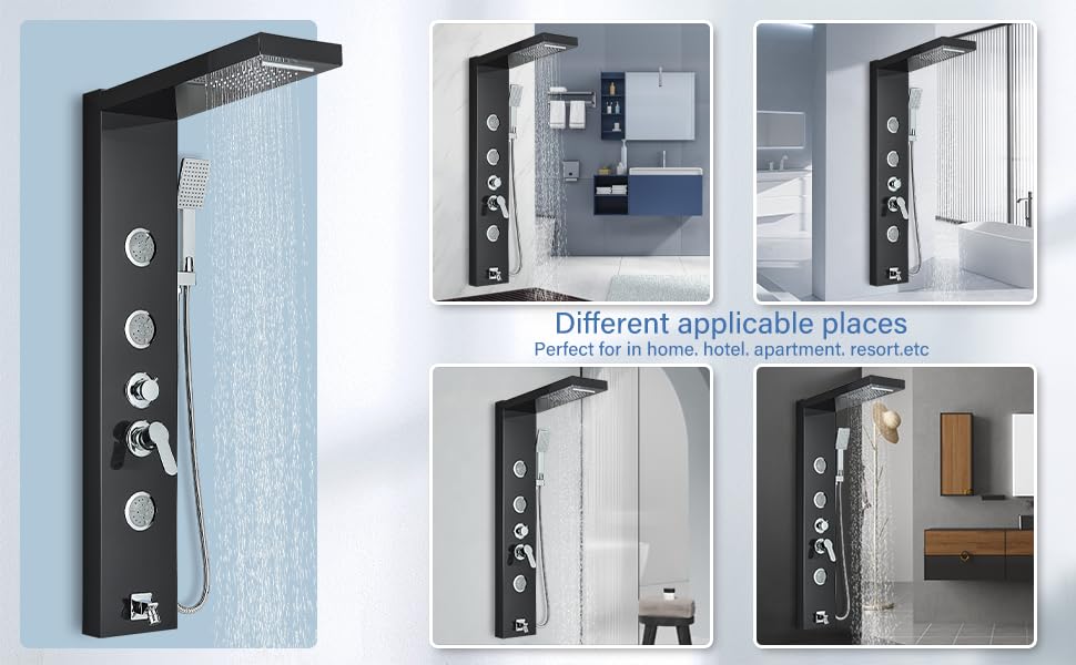 AlenArt Stainless Steel Shower Panel Tower System - Multi-Function Shower with Body Jets, Handheld Sprayer, Rainfall Shower Head & Tub Spout - Wall Mounted Black Shower Panel for Luxury Bathroom Upgrade