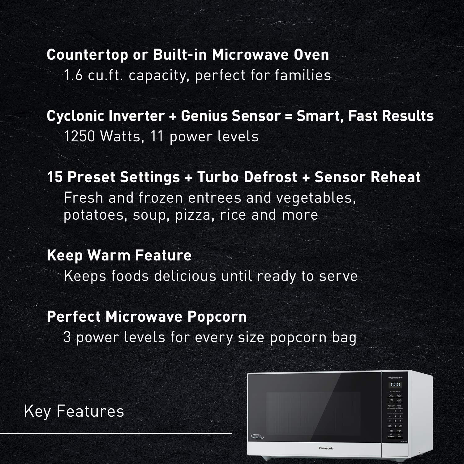 Panasonic NN-SN75LW 1.6 cu.ft 1250W Countertop Microwave Oven with Cyclonic Inverter & Genius Sensor Cooking - White | Compact Space-Saving Design for Small Kitchens, Dorms & Offices
