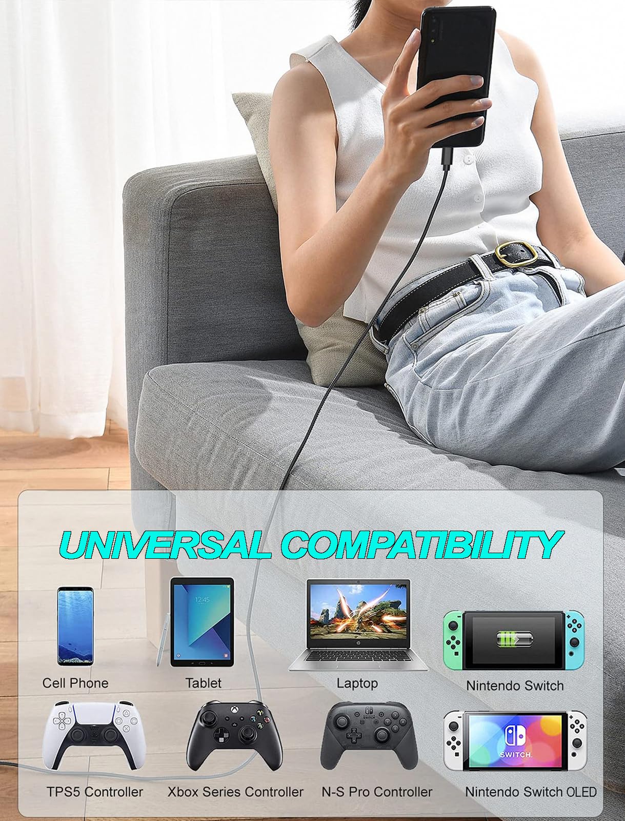10FT/3m Fast Charging USB-C Cable for Xbox Series X/S, PS5 DualSense & Switch Pro Controller - Replacement Power Cord for Nintendo Switch, Steam Deck, Samsung Galaxy S9/S8/Note 8 - Perfect for Gaming & Mobile Device Charging at Home or Travel