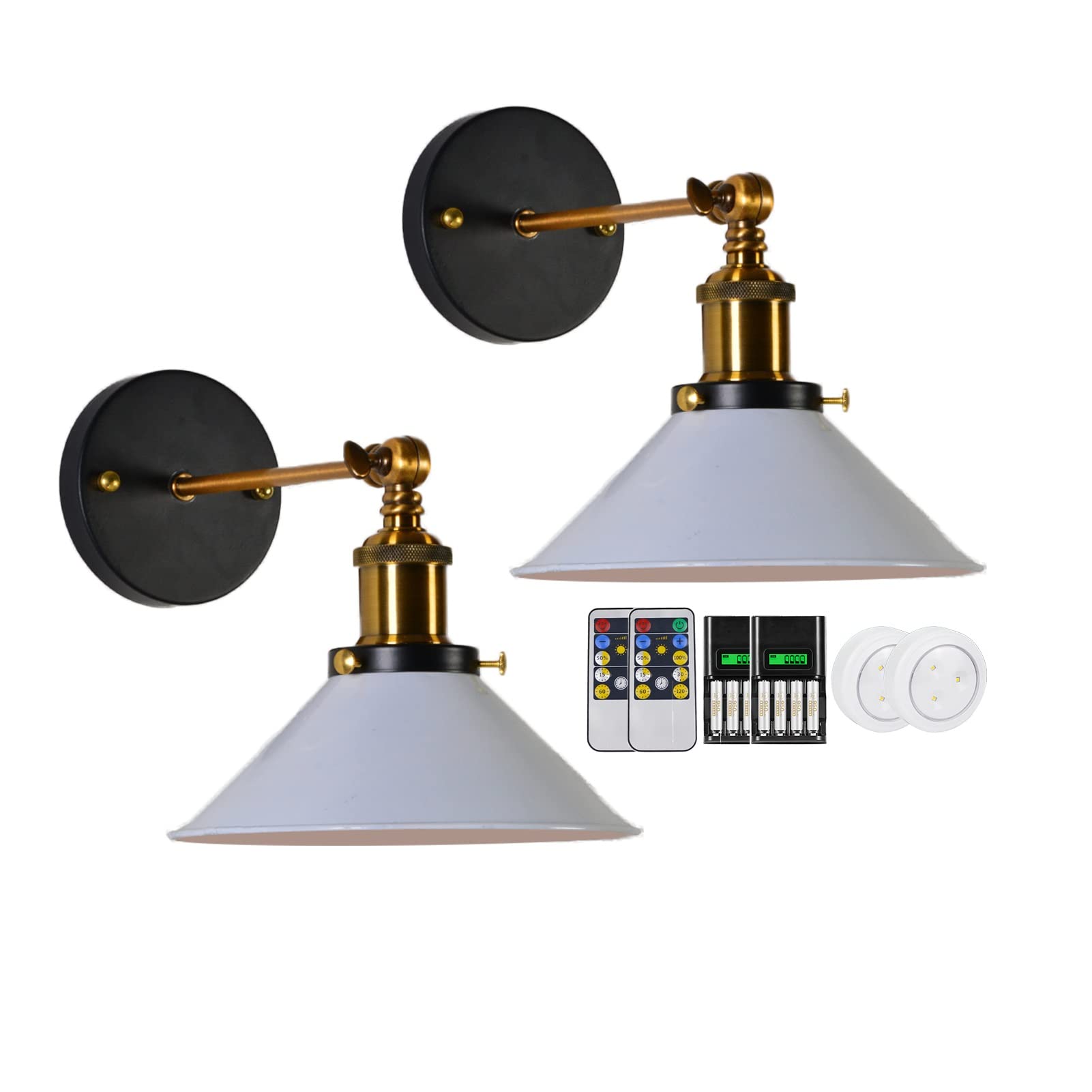 Set of 2 Battery Operated Wall Sconces - Wireless Remote Control Mid Century Modern Wall Lights for Bedroom, Bathroom & Vanity - Black LED Wall Lamps with Included Battery Bulbs (Perfect for Bedside Lighting, Hallway Decor & Bathroom Ambience)