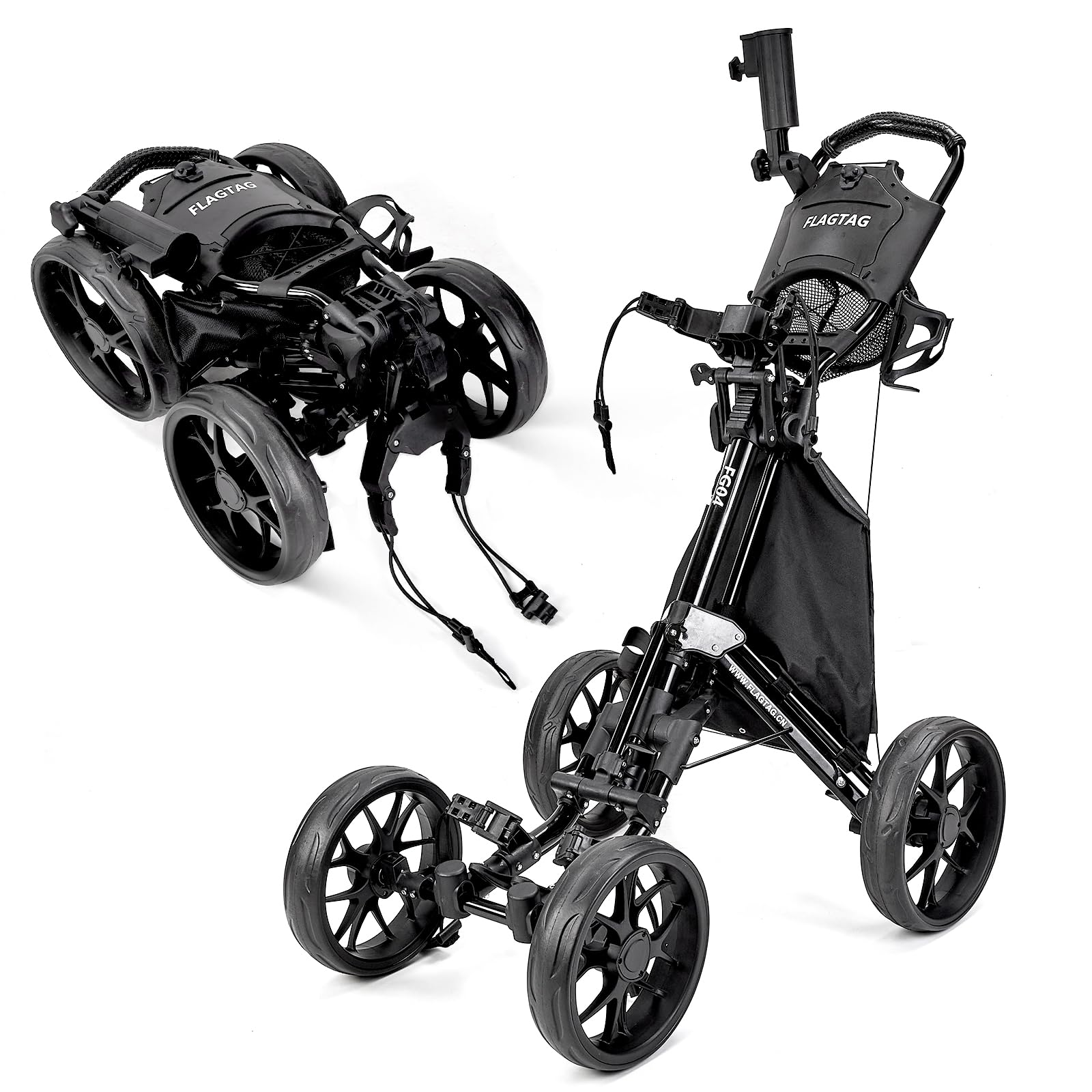 4-Wheel Folding Golf Push Cart with Cup Holder, Umbrella Holder & Cooler Bag - One-Click Foldable, Adjustable Handle Height - Perfect for Walking Golfers on the Course
