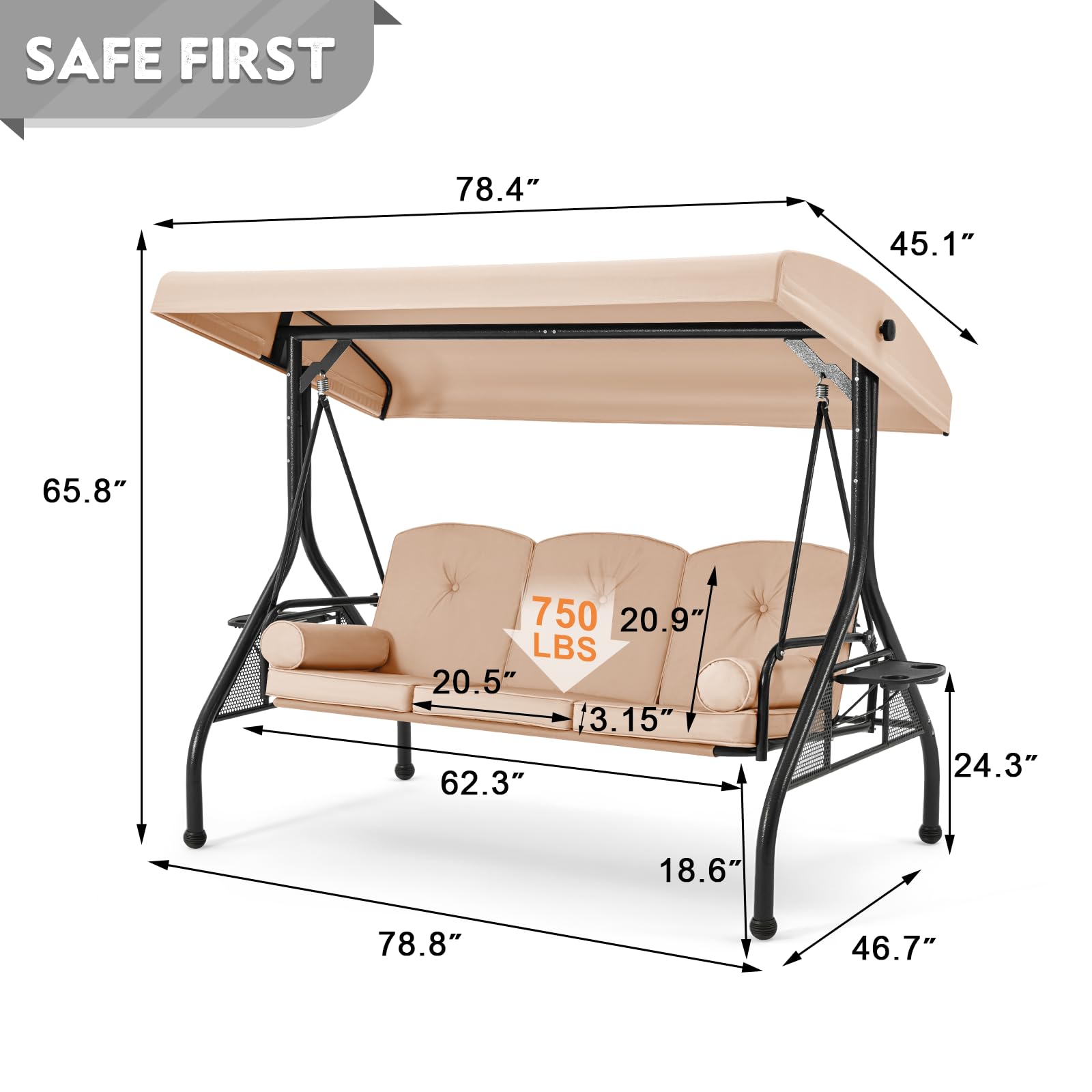 HOMREST 3-Seat Outdoor Porch Swing with Adjustable Canopy - Convertible Patio Swing Bed with Stand - Heavy-Duty Glider Swing with Upgraded Cup Holders, Thickened Cushions & Pillows - Perfect for Backyard, Garden, Deck or Patio Relaxation (Khaki)