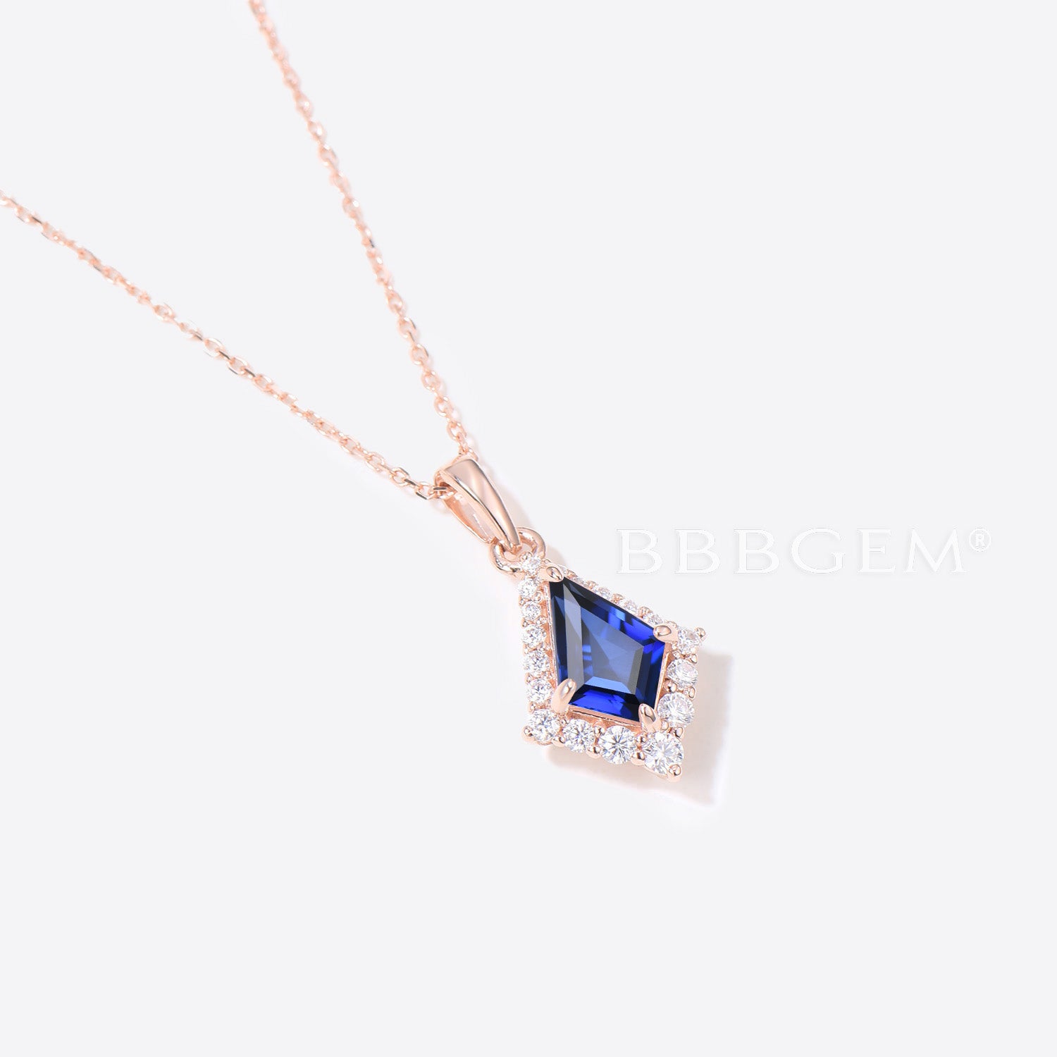 Rose Gold Kite Cut Blue Sapphire Necklace with Halo Moissanite Pendant - Elegant Jewelry Gift for Women, Perfect for Weddings, Anniversaries & Special Occasions