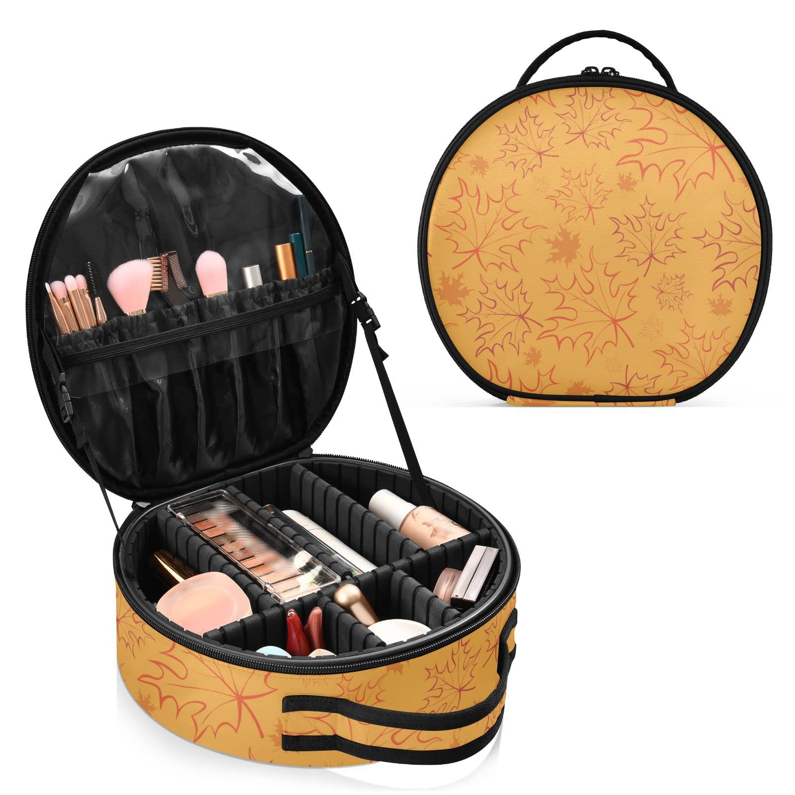 Linqin Travel Makeup Organizer Bag for Women - Portable Cosmetic Case with Adjustable Dividers, Toiletry & Jewelry Organizer, Skincare Pouch for Brushes & Cosmetics (Maple Leaf Design) - Perfect for Travel, Home Storage & Daily Use