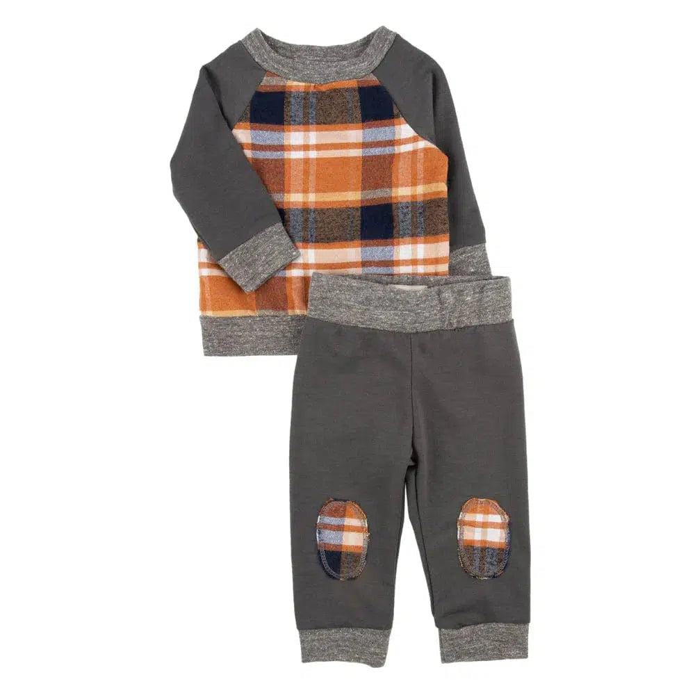 Miki Miette Long Sleeve Tee & Pant Set - Grey Plaid Outfit for Women | Casual Loungewear & Cozy Home Wear | Perfect for Relaxing, Yoga & Everyday Comfort