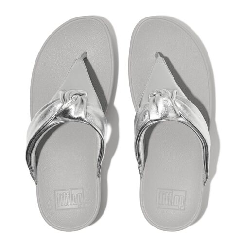 FitFlop Lulu Padded Knot Metallic Leather Toe Post Sandals for Women - Comfortable Orthopedic Flip Flops with Arch Support - Silver | Perfect for Beach, Pool, and Summer Vacation