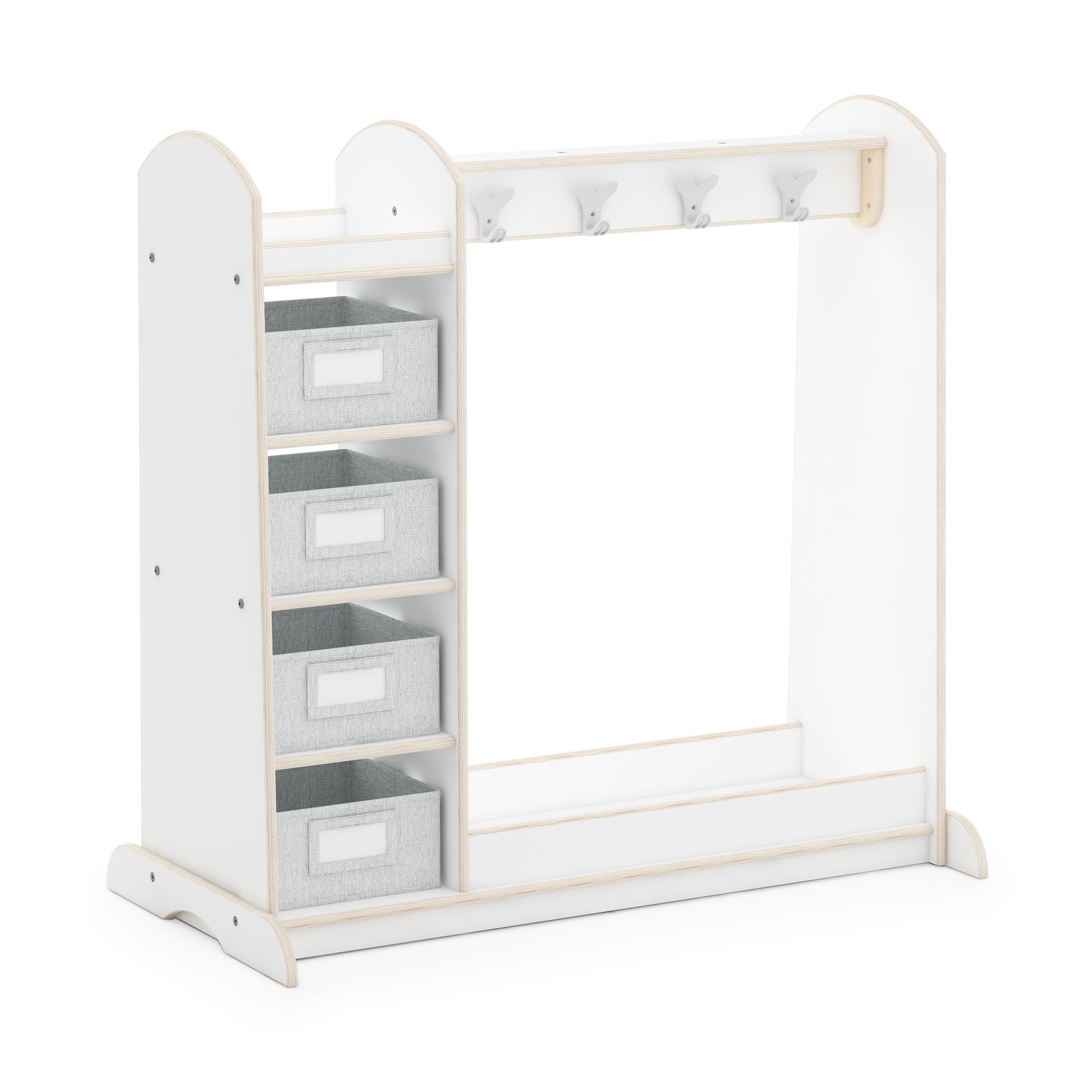 Guidecraft EdQ Dress-up Storage with Bins - White Kids Dresser with Mirror & Safe Hooks, Children's Costume Organizer & Playroom Furniture - Perfect for Bedroom, Nursery, and Daycare Storage Solutions