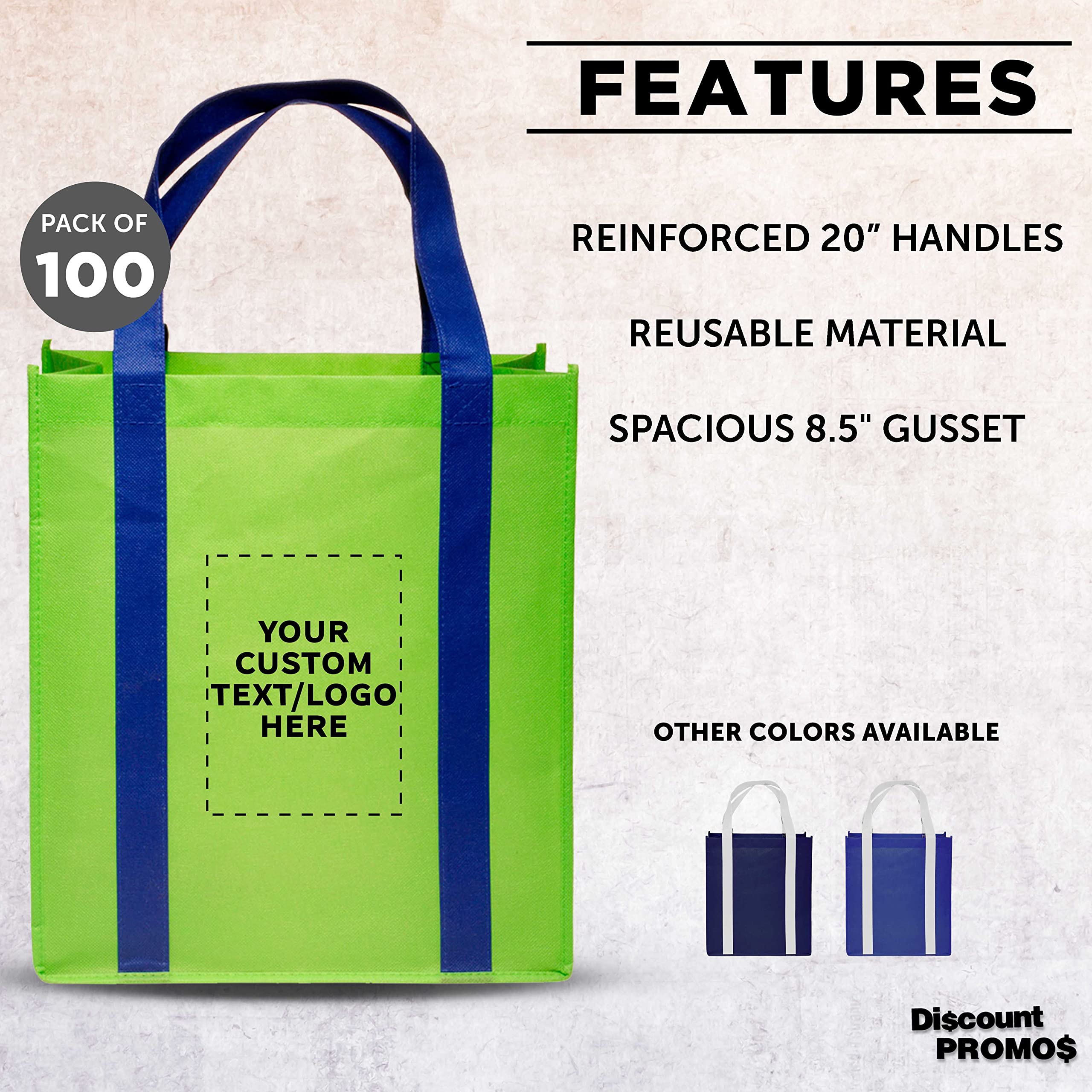 Custom Non-Woven Reusable Shopping Tote Bags - Bulk Pack of 100 Personalized Grocery Bags - Eco-Friendly Beach, Picnic & Wedding Favors - Lime Green & Blue - Perfect for Retail Promotions, Supermarket Shopping & Outdoor Events