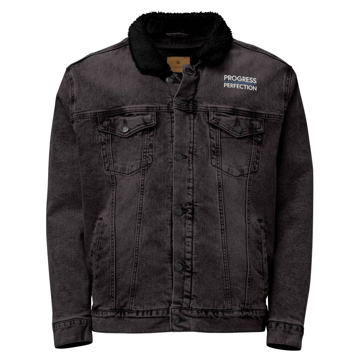 Progress Over Perfection Embroidered Unisex Denim Sherpa Jacket - Cozy Winter Outerwear for Men & Women | Perfect for Casual Outings, Camping & Outdoor Adventures