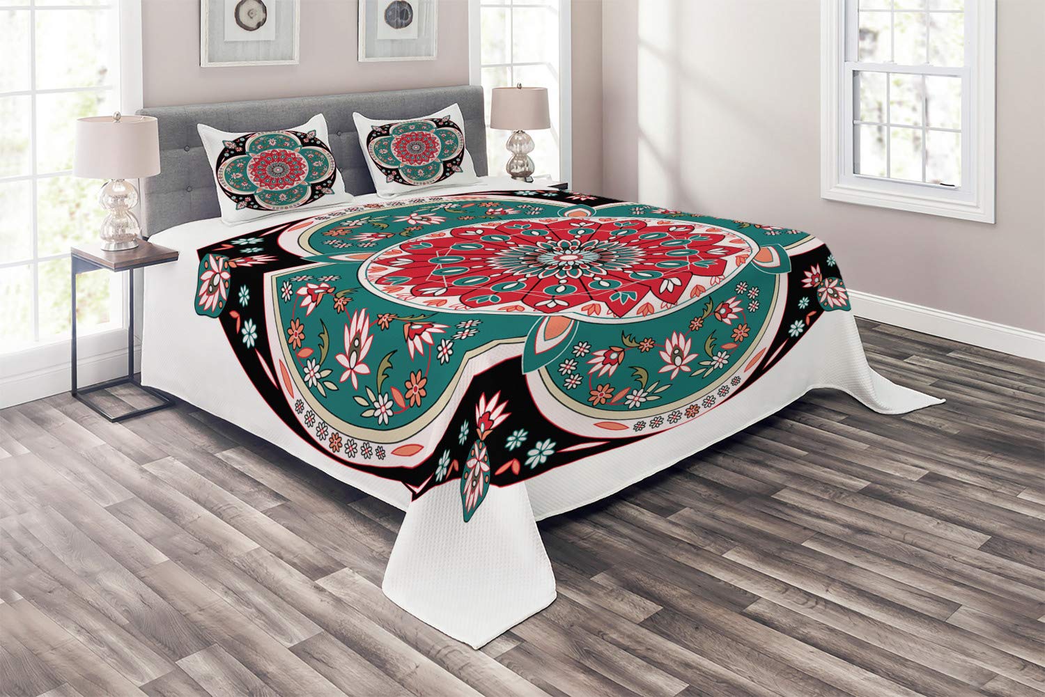 Ambesonne Oriental Quilted Bedspread Set - 3 Piece King Size Coverlet with 2 Pillow Shams, Elegant Eastern Floral Embroidery Design, Multicolor | Perfect for Bedroom Decor, Guest Room & Boho Chic Home Styling