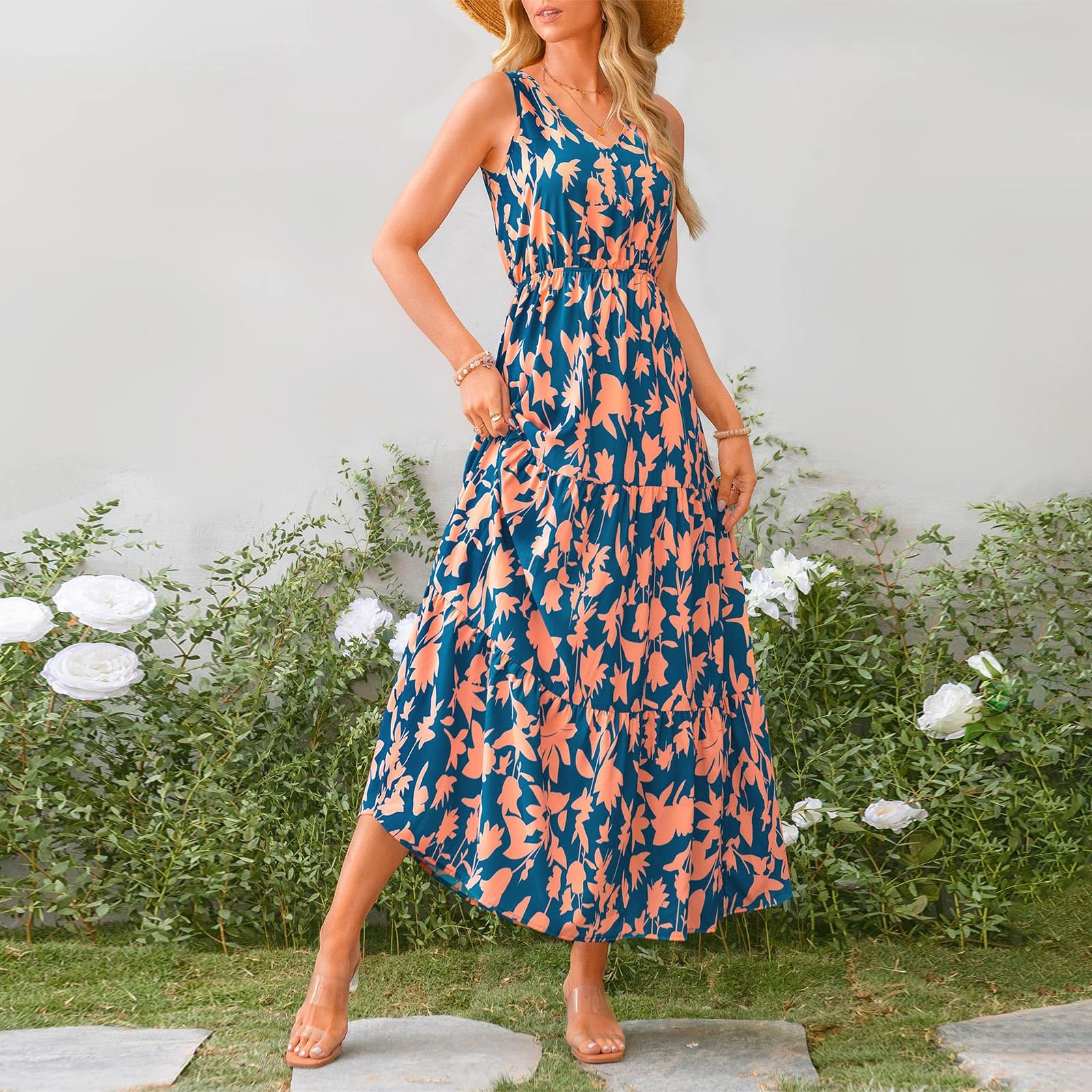 2024 Women's Floral Maxi Dress - Sleeveless V-Neck Loose Flowing Sundress for Casual Wear & Guest Occasions | Summer Beach, Party, Vacation Outfit