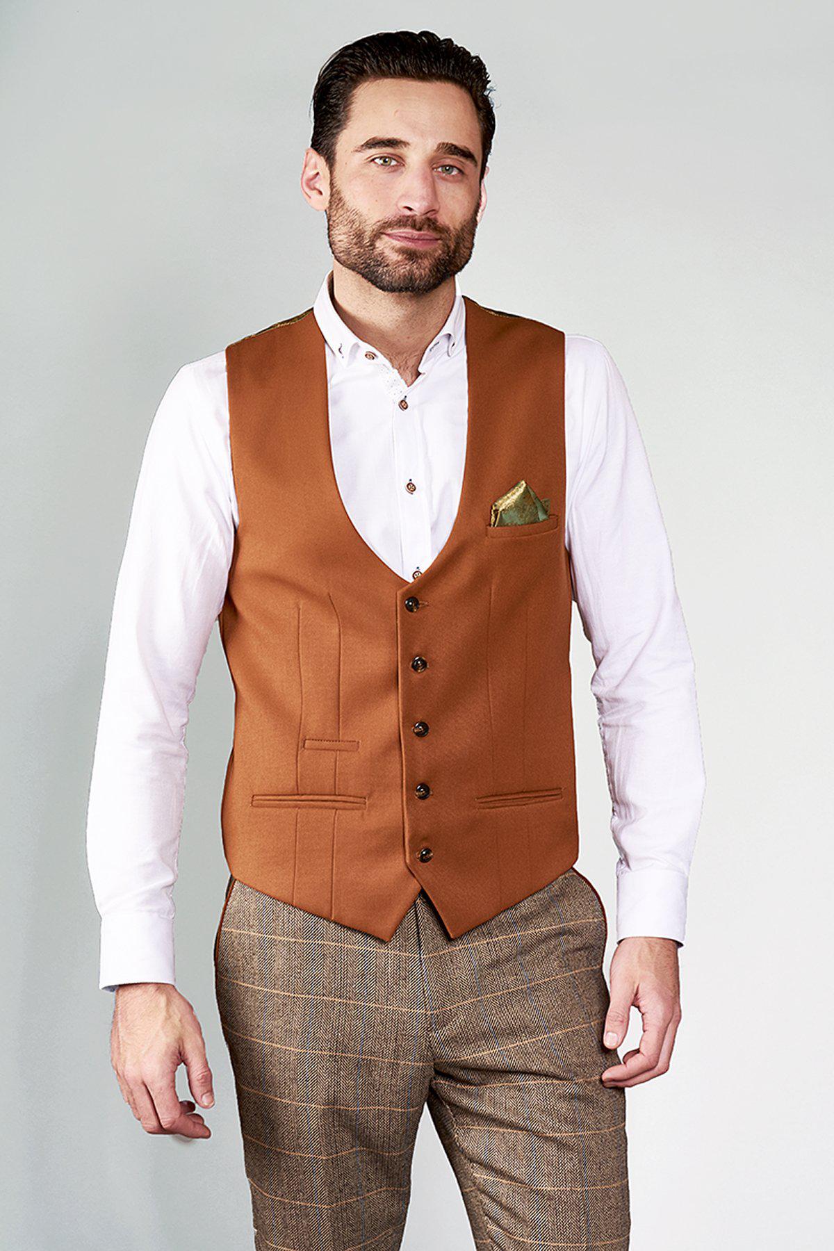 KELLY Dark Tan Single Breasted Waistcoat for Men - Slim Fit Formal Vest for Suits, Weddings & Business Attire - Premium Wool Blend Waistcoat for Office, Cocktail Parties & Special Occasions