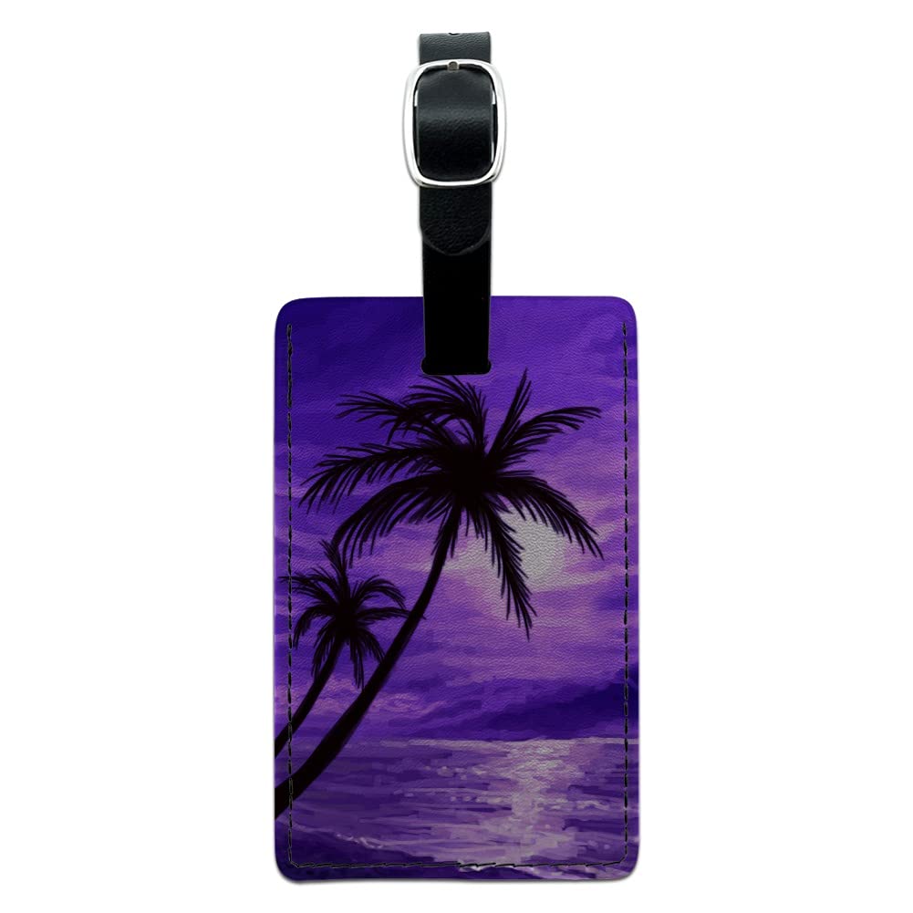Hawaii Themed Purple Sunset Beach Palm Tree Leather Luggage Tag - Durable Rectangle ID Card Holder for Travel Bags, Suitcases & Backpacks | Perfect for Vacation, Cruise & Airplane Travel Accessories