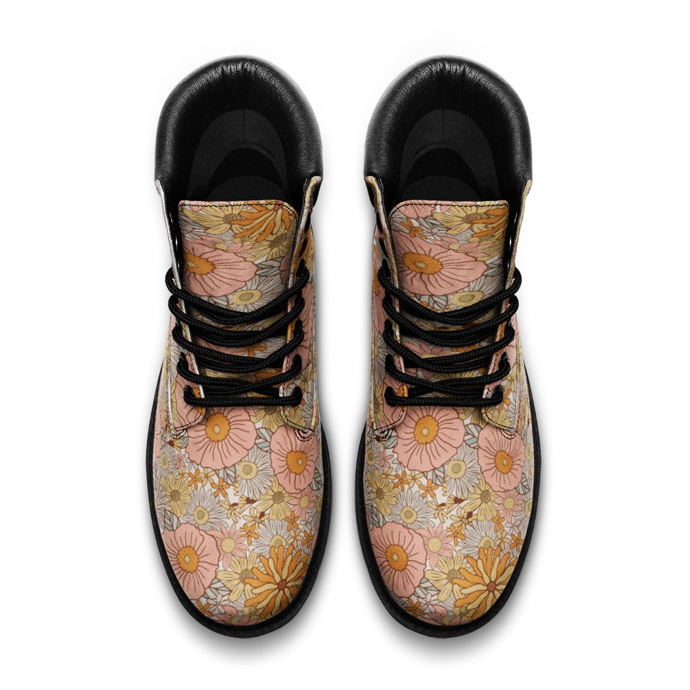 Stylish Pink Floral Combat Boots for Women & Men - Faux Leather Chunky Platform Ankle Boots with Cushioned Insole - Perfect for Streetwear, Concerts and Fall Fashion Outfits