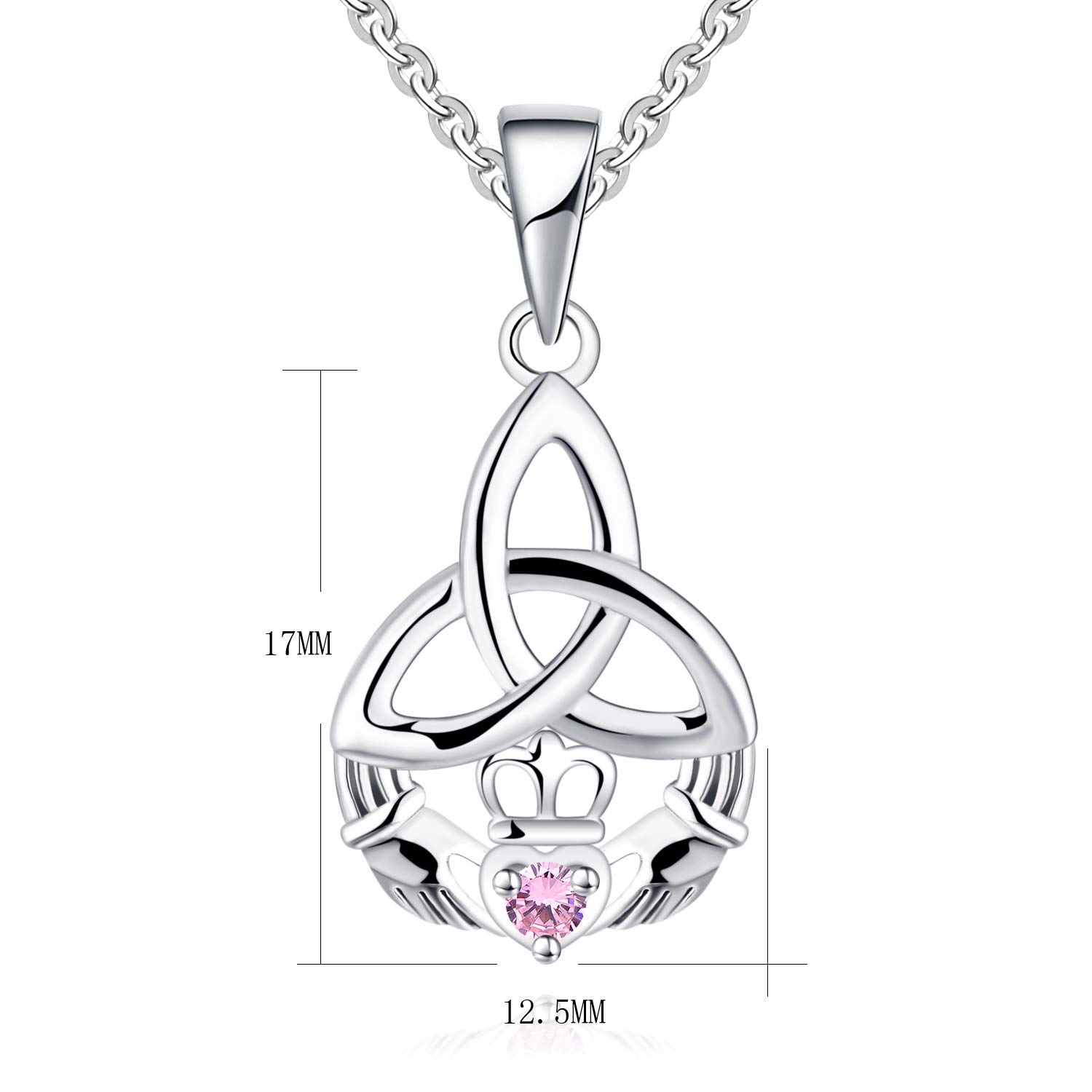 JO WISDOM 925 Sterling Silver Irish Celtic Heart Claddagh Pendant Necklace with Birthstones - Elegant Gift for Women, Anniversary, Valentine's Day & Special Occasions
