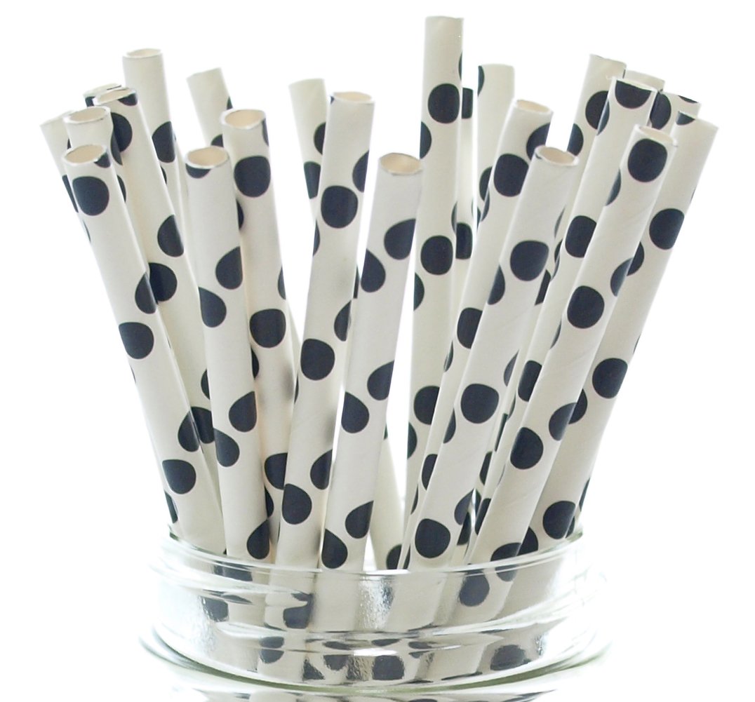 Black Polka Dot Paper Straws - 25 Pack | Biodegradable Drinking Straws for Over the Hill Birthday Parties, Graduation Celebrations, Wedding Receptions & Halloween Events - Eco-Friendly Disposable Straws for Cocktails, Milkshakes & Beverages