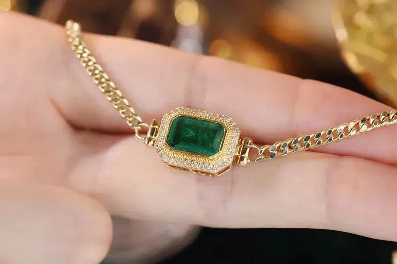 18K Yellow Gold Bracelet with Natural Emerald & Real Diamonds | Elegant Women's Wedding & Engagement Jewelry | Perfect for Bridal, Anniversary & Special Occasion Gifts