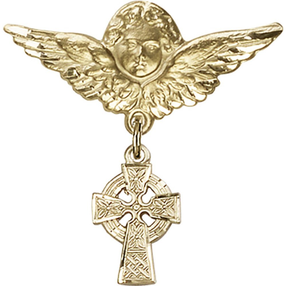 Gold Filled Baby Badge Pin with Celtic Cross Charm & Angel Wings - 1 1/8 X 1 1/8 Inch Vintage Jewelry for Christening, Baptism Gifts & Keepsakes