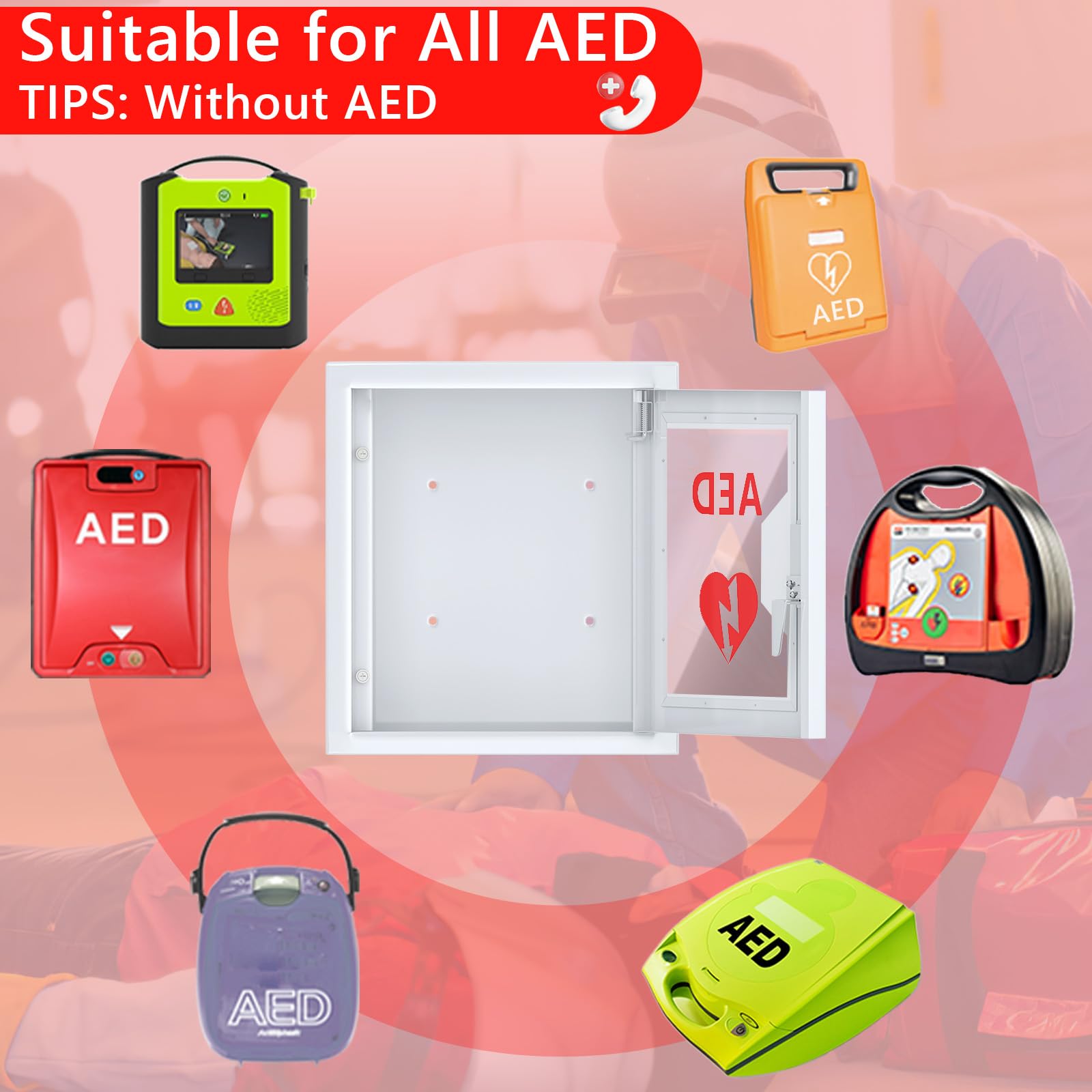 Wall Mount AED Defibrillator Cabinet - 14.2x7.8x15.7 Inch Steel Storage with Snap Lock - Universal Fit for All AED Brands - Perfect for Hospitals, Schools & Public Safety Locations