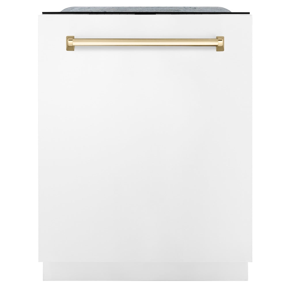 ZLINE Autograph Edition 48-inch Stainless Steel Dual Fuel Range Kitchen Package with White Matte Door, Range Hood & Dishwasher - Polished Gold Accents (3AKP RAWMRHDWM48 G) | Premium Cooking Set for Modern Kitchens & Luxury Homes