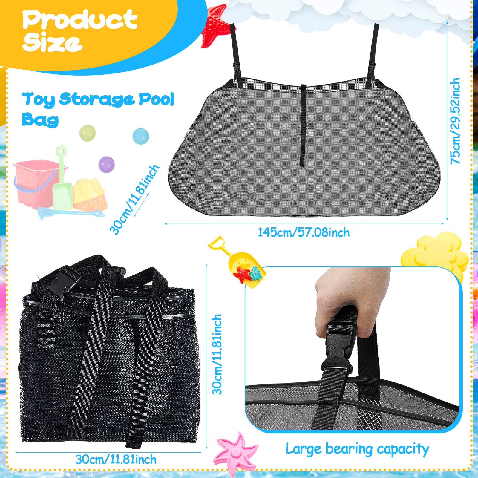Shappy Large Black Rectangular Plastic Pool Toy Storage Bag - Foldable Hanging Net Organizer for Swim Accessories, Quick Dry & Easy to Clean - Perfect for Beach, Poolside, and Water Park Use