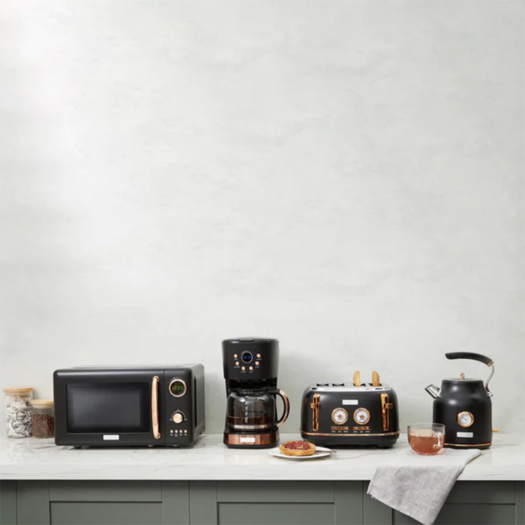 Haden Dorset 4-Slice Wide Slot Stainless Steel Toaster with 12-Cup Programmable Drip Coffee Maker Set, Black & Copper - Perfect for Breakfast, Kitchen, and Office Use