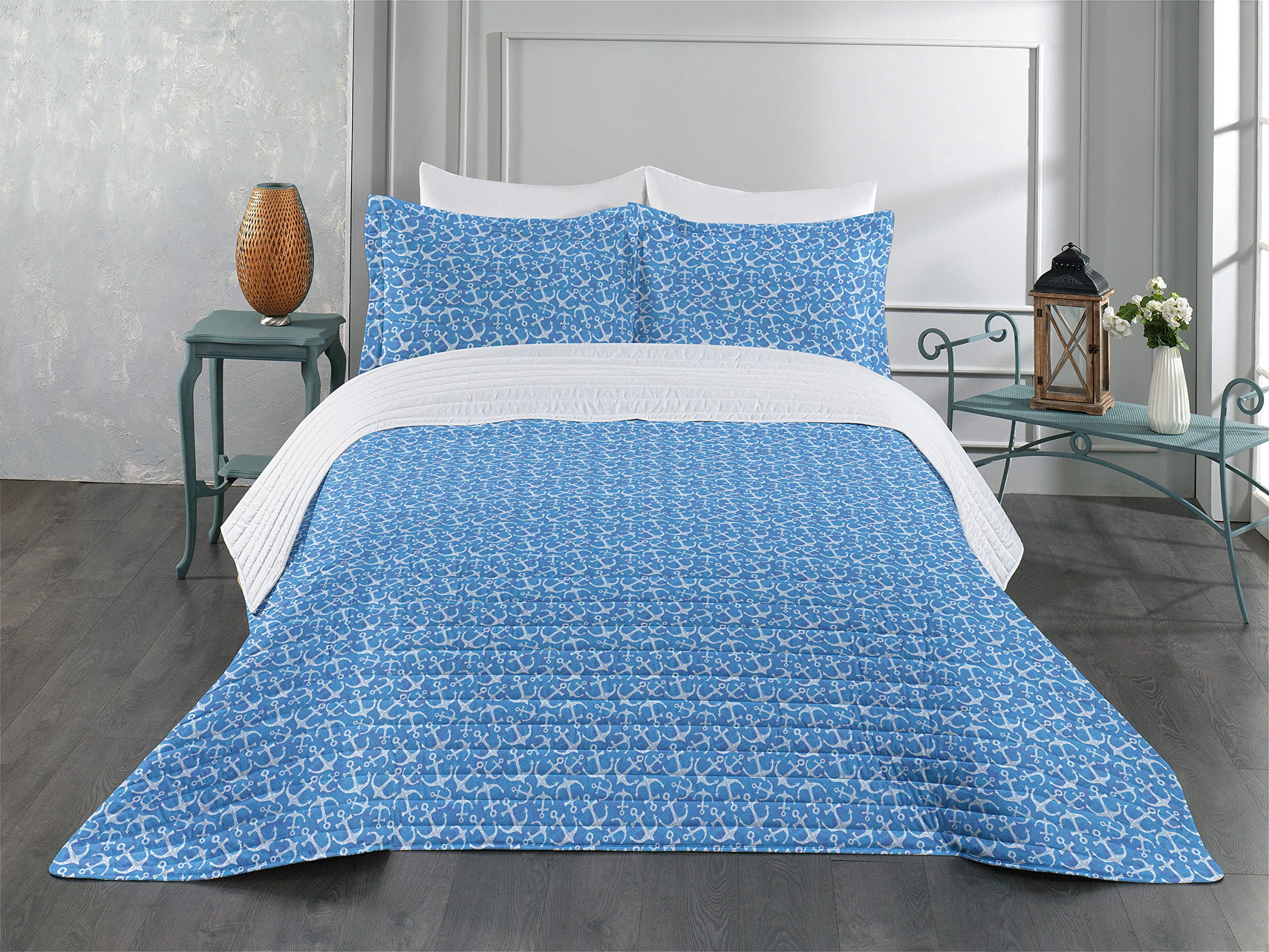 Ambesonne Anchor Microfiber Bedspread Set - King Size Blue White Nautical Themed Bedding with Pillow Shams & Comforter | Hand Drawn Sea Anchor Design on Abstract Ocean Backdrop | Soft Durable Microfiber for Coastal, Beach House or Nautical Bedroom Decor