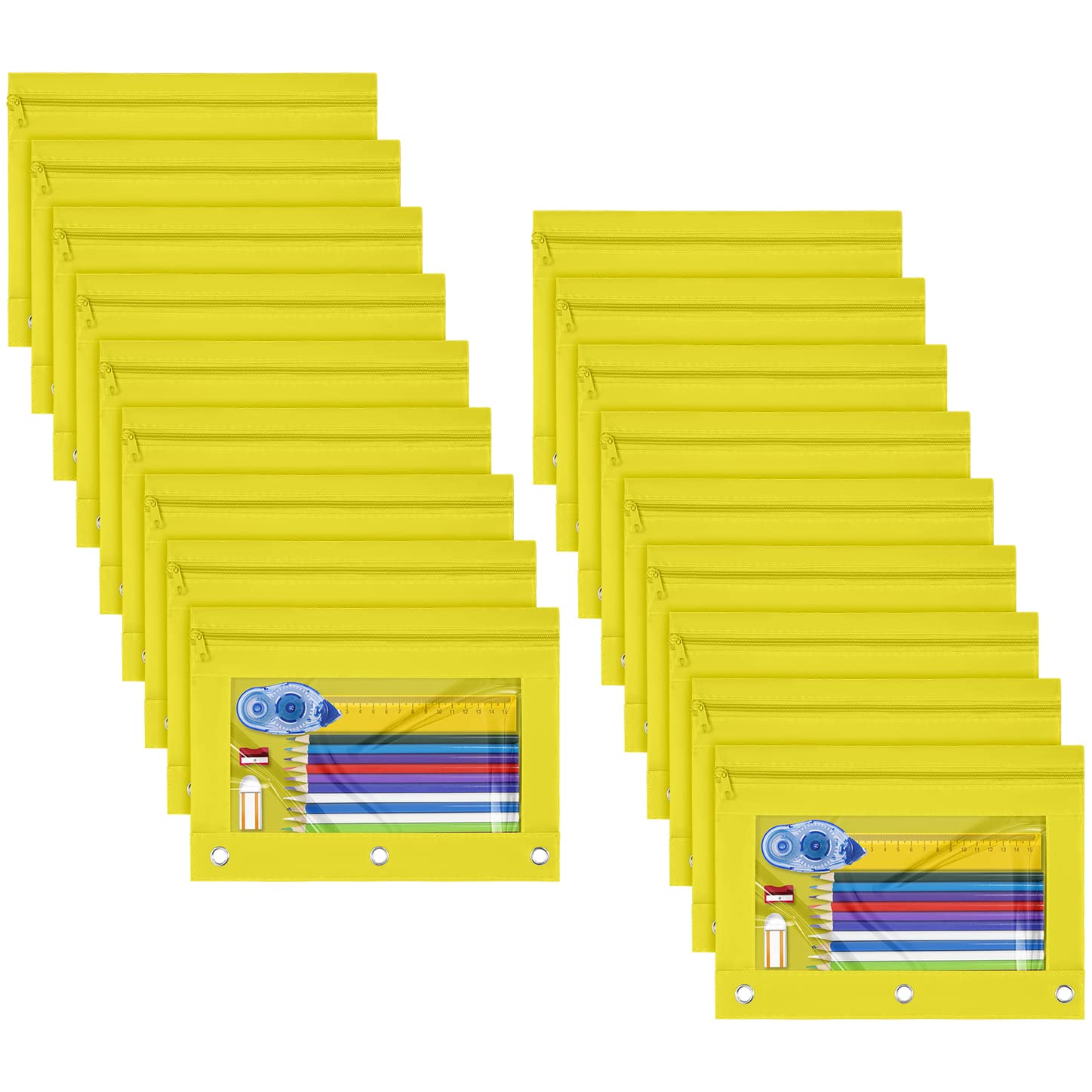 18 Pack Yellow Pencil Pouch for 3 Ring Binder - Zippered Pen Holder Case with Clear Window for School, Office & Classroom Organization | Perfect for Students, Teachers & Professionals