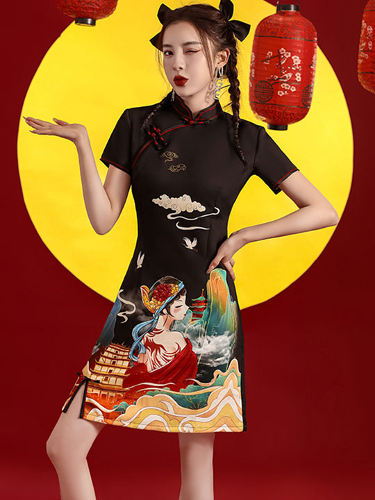 Elegant Blue Black Peking Opera Print Qipao Cheongsam Dress - Traditional Chinese Vintage Style for Women | Perfect for Cultural Events, Weddings & Special Occasions
