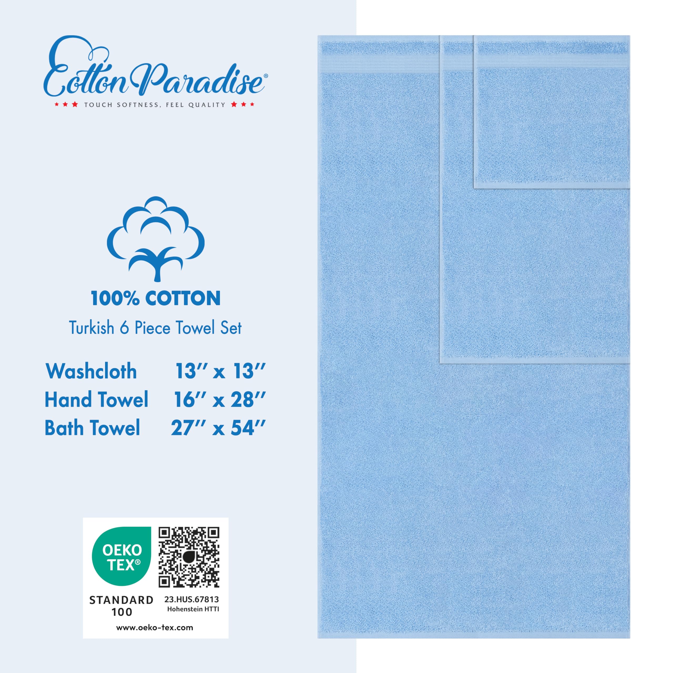 Premium 6-Piece Turkish Cotton Towel Set - 100% Soft & Absorbent Bath Towels, Hand Towels & Washcloths for Spa, Beach & Luxury Bathroom (Sky Blue)
