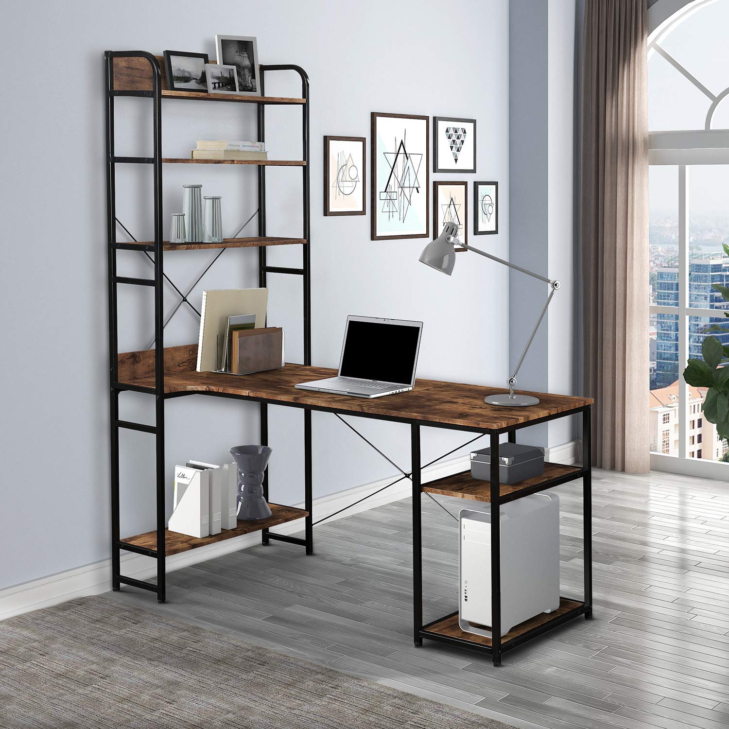 L Shaped Corner Desk with 5-Tier Bookshelf - Home Office Computer Desk, Sturdy Steel Frame & MDF Workstation for Writing, Gaming, Study - Perfect for Small Spaces, Dorm Rooms & Home Offices