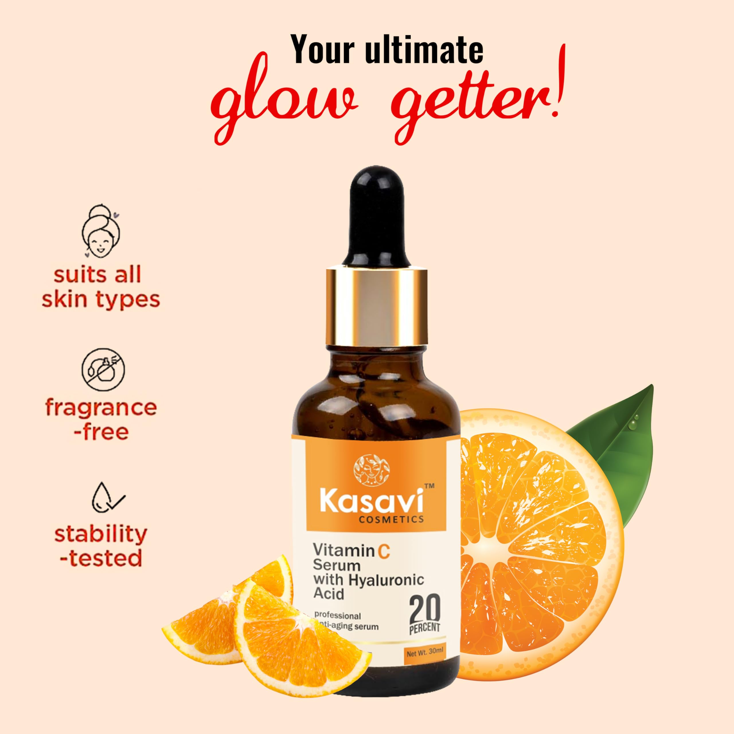 Kasavi Vitamin C Face Serum with Hyaluronic Acid - 30ml Brightening & Hydrating Facial Treatment for Glowing Skin | Day & Night Use for All Skin Types | KSVCS-001