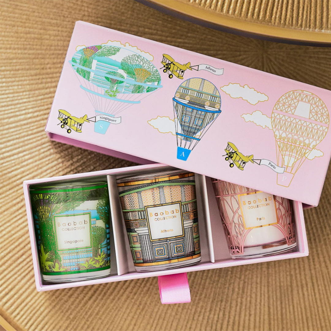 Travel Votives Candle Set of 3 - Athens, Singapore, Paris Souvenir Candles for Home Decor, Wedding Centerpieces & Romantic Ambiance