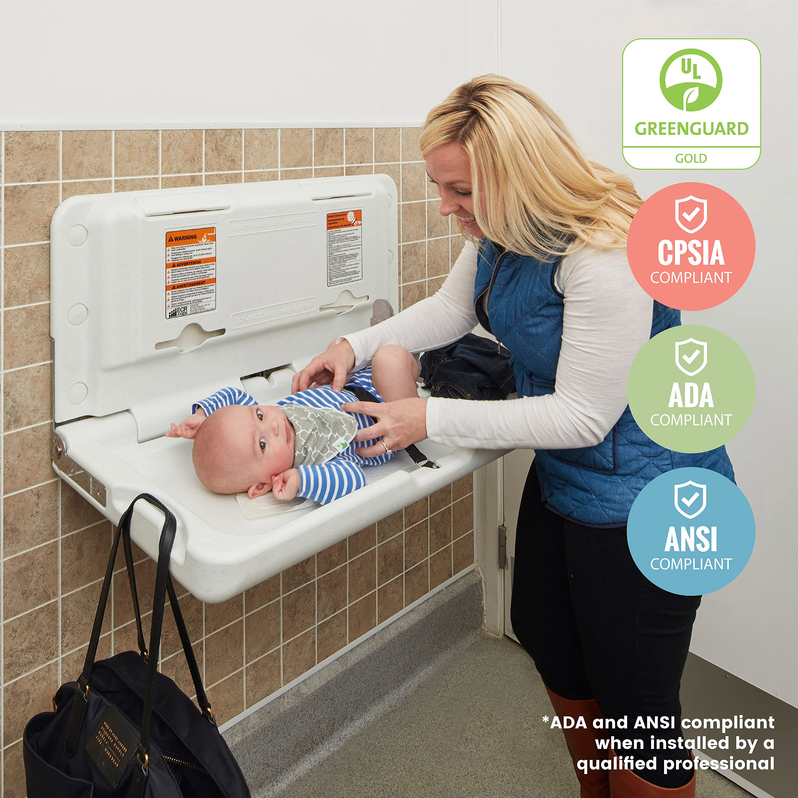 ECR4Kids Wall-Mounted Horizontal Diaper Changing Station - White Granite Finish | Space-Saving Nursery Changing Table for Daycares, Preschools & Home Baby Rooms