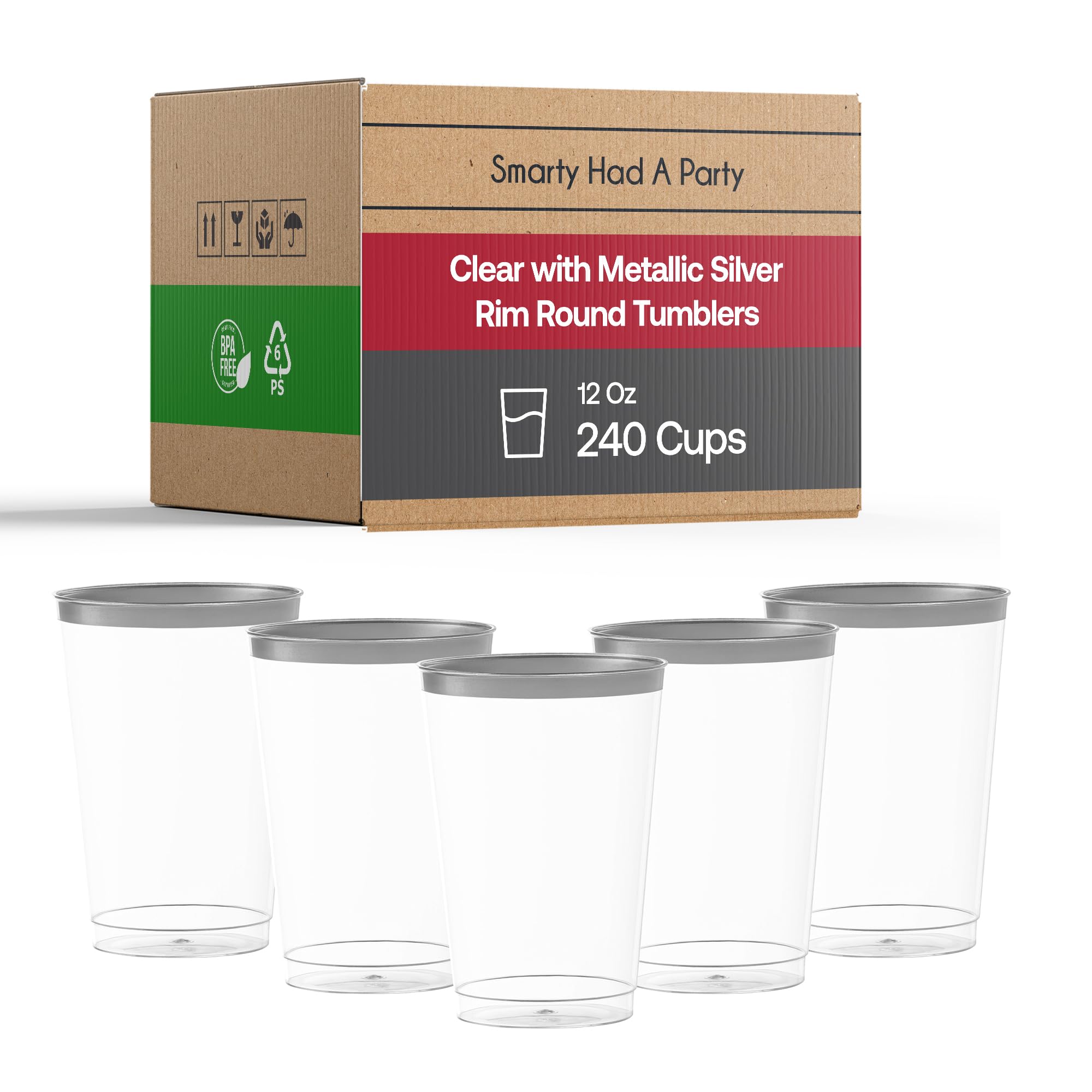 Smarty Had A Party 12 oz Clear Disposable Plastic Cups with Silver Rim - 240 Pack | Elegant Cocktail, Iced Coffee & Smoothie Tumblers | Durable Drinkware for Parties, Weddings, BBQs & Events | Perfect for Home, Office & Catering Use