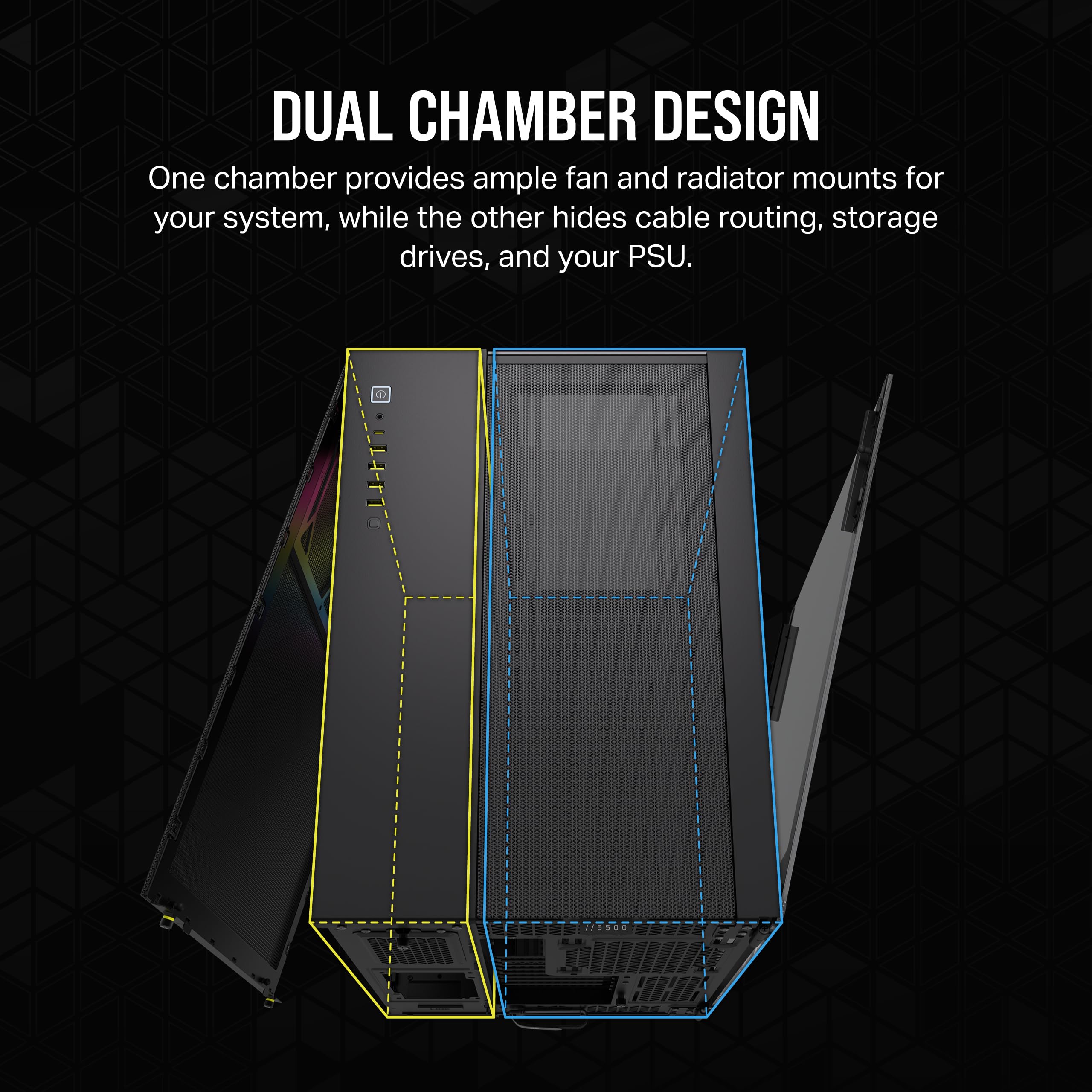 CORSAIR iCUE LINK 6500X RGB Mid-Tower ATX Dual Chamber PC Gaming Case with Panoramic Tempered Glass - Reverse Connection Motherboard Compatible - Includes 3x CORSAIR RX120 RGB Fans - Black - Perfect for High-Performance Gaming Rigs and Custom PC Builds