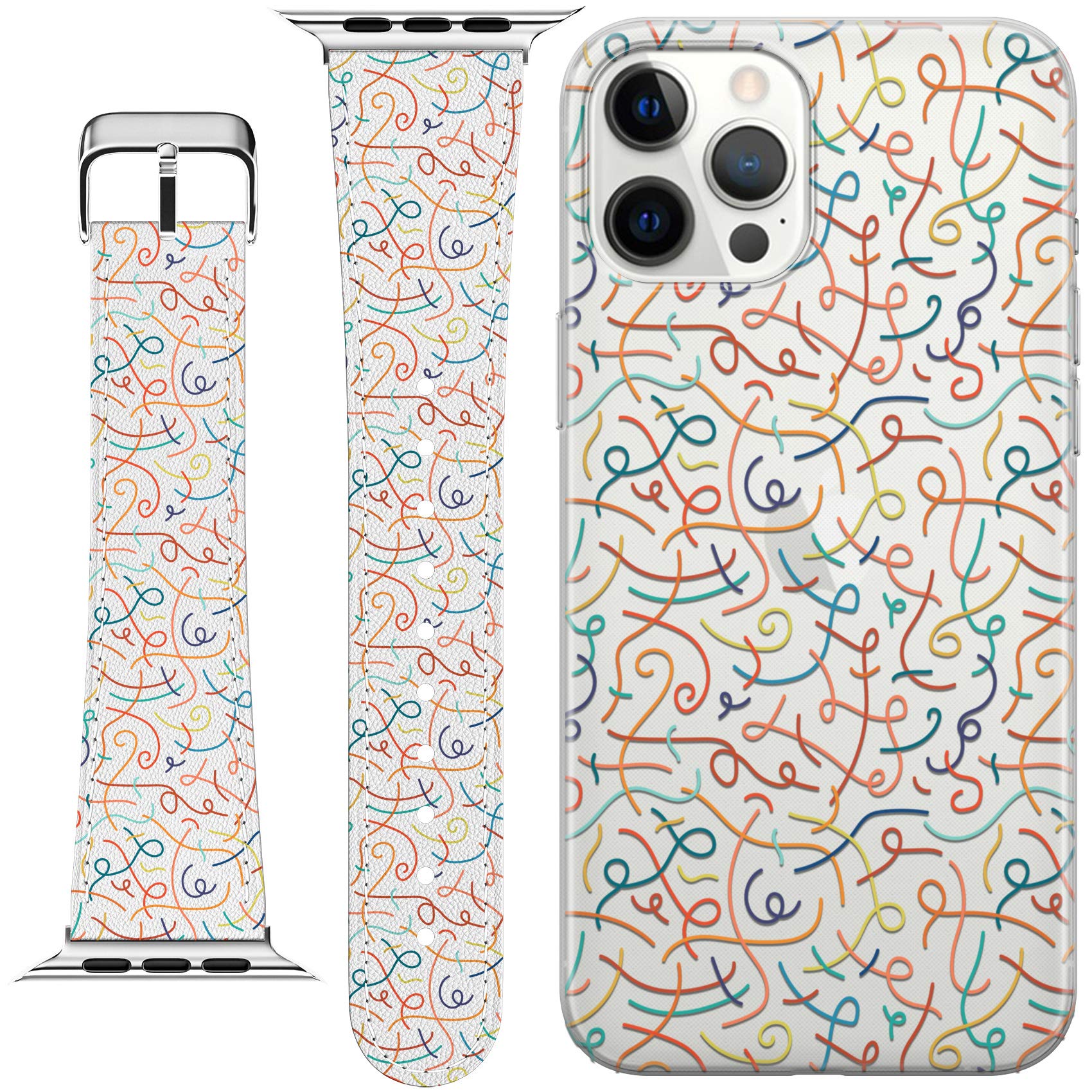 Compatible with Apple Watch Series 7/6/5/4/3/2/1/SE - Orange Geometric Confetti Art PU Leather Strap (38-40-41-42-44-45mm) & Matching Phone Case - Stylish Abstract Bracelet for Workout, Running & Daily Wear