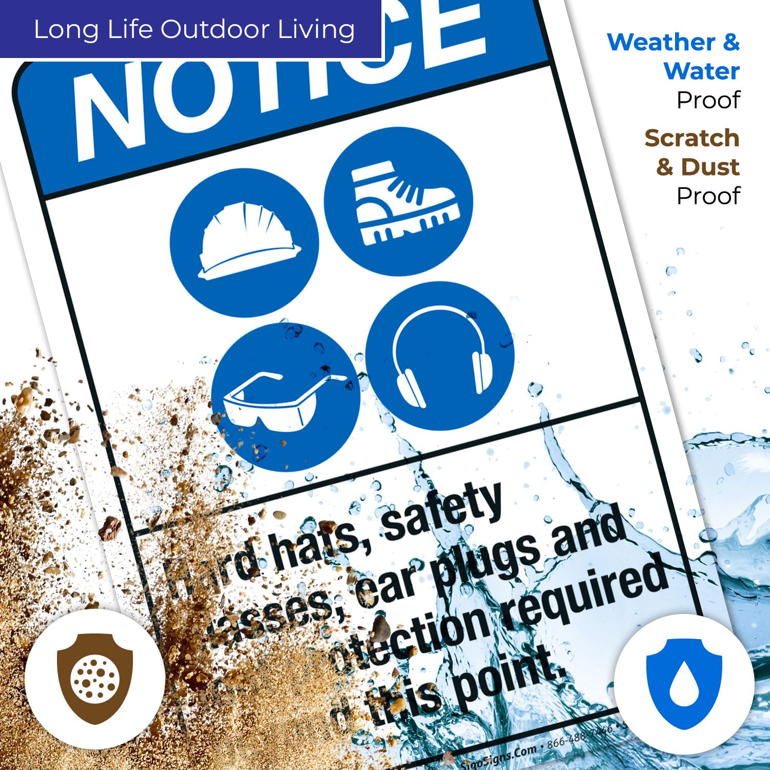 ANSI Safety Sign - Hard Hats, Safety Glasses, Ear Plugs & Foot Protection Required - 10x7 Inch Vinyl Decal Sticker - Weatherproof & UV Resistant - Made in USA - Perfect for Construction Sites, Warehouses & Industrial Workplaces